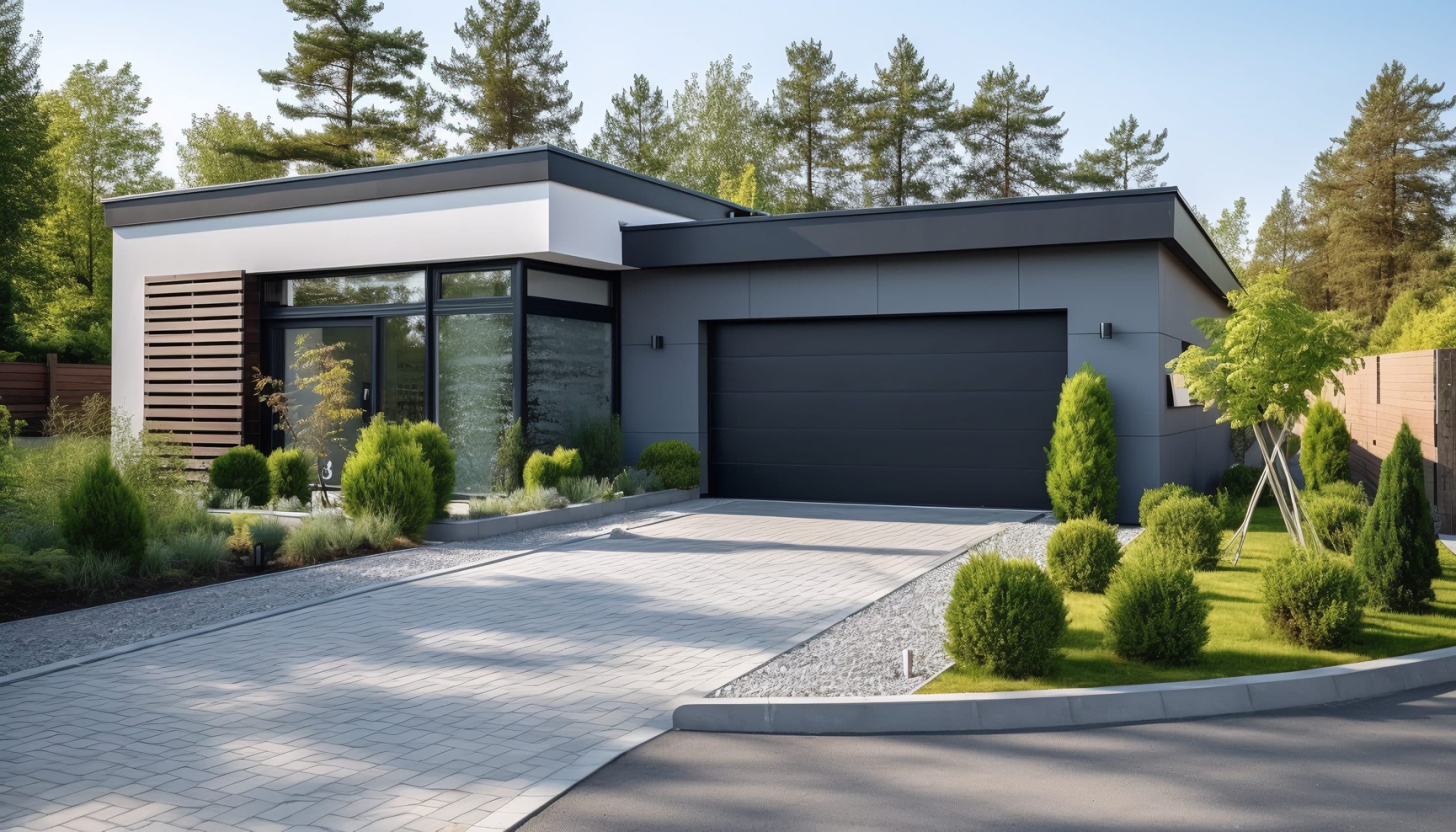 Modernes Wohnhaus mit Sektionaltor in Anthrazit im Vordergrund inmitten einer malerischen Sommerlandschaft mit zahlreichen Bäumen und Sträuchern.