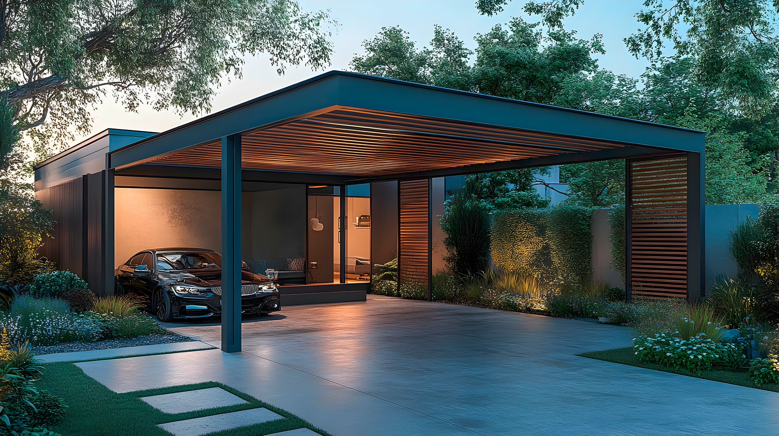 Modernes, dunkles Carport aus Metall und parkendem Fahrzeug sowie Blick in denn dahinterliegenden Wohnbereich des elitären Hauses.
