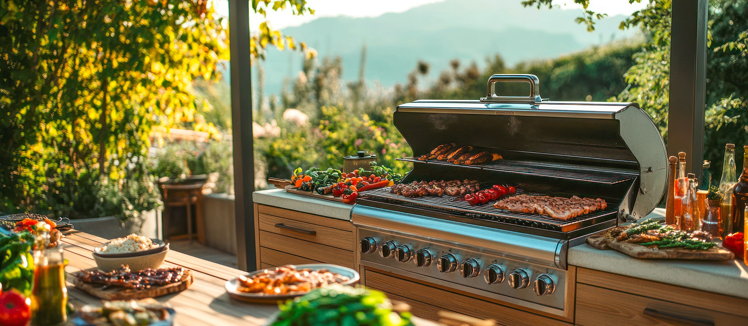Nahaufnahme eines Edelstahl-Gasgrills, auf dem gerade Essen gegart wird. Auf der Arbeitsplatte daneben stehen mehrere Teller mit Essen, eine Schüssel Salat und mehrere Flaschen.