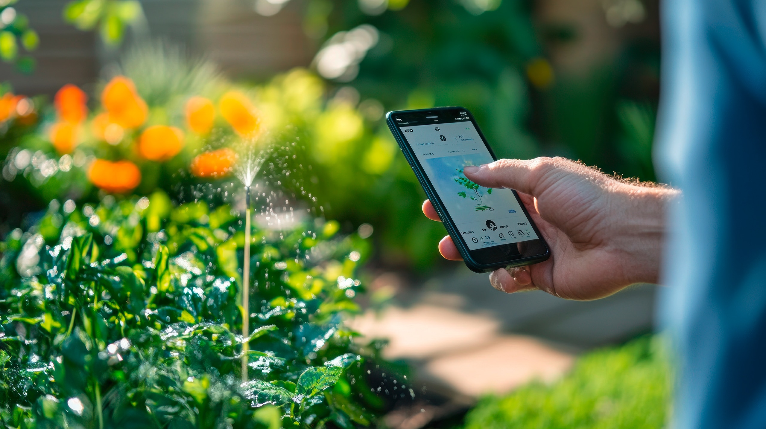 Intelligentes Sprinklersystem zur Bewässerung üppiger grüner Rasenflächen und Demonstration moderner Technologie für effizientes Wassermanagement und Gartenpflege.