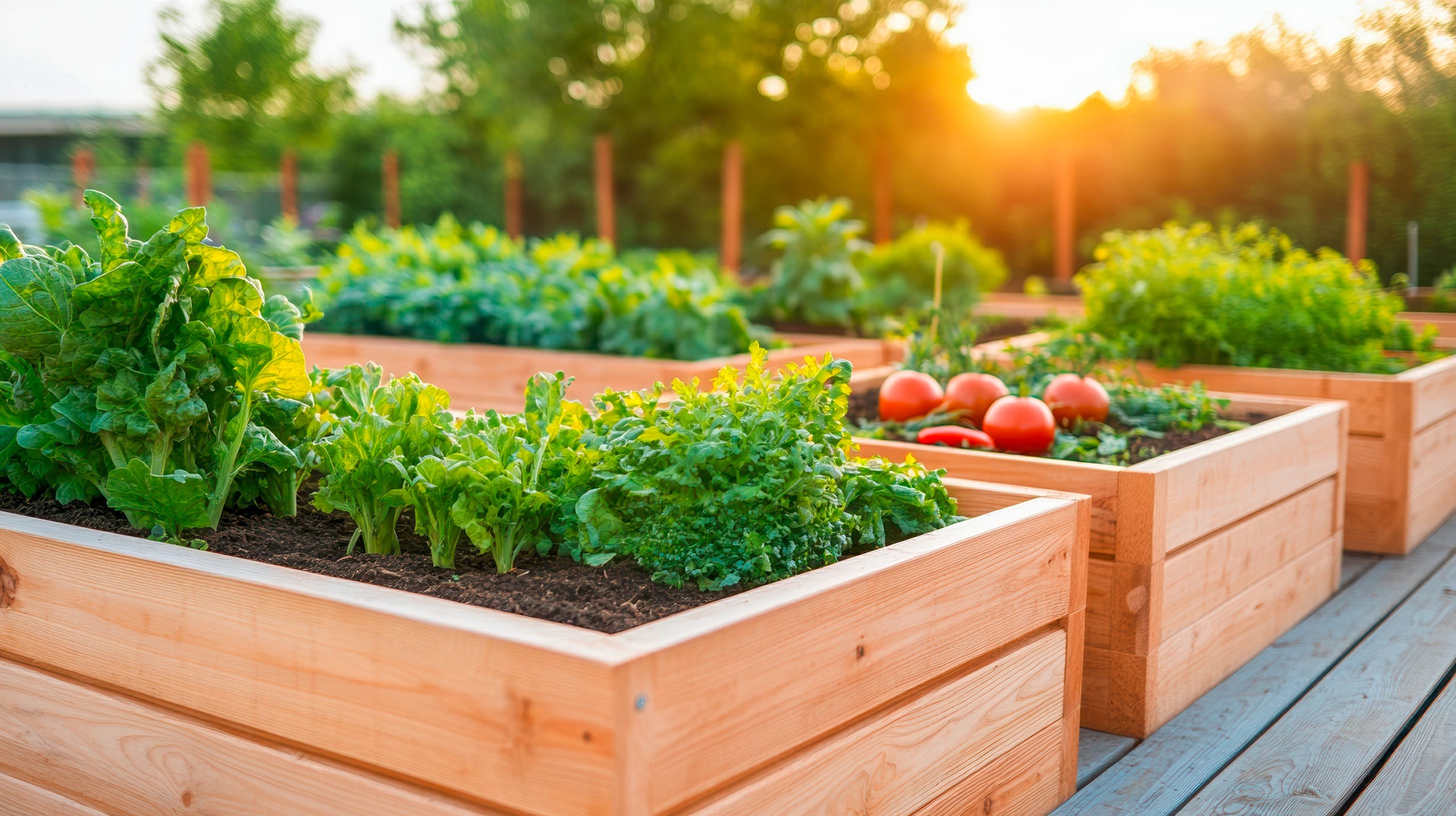 Moderner Gemüsegarten mit üppiger Begrünung mit Hochbeeten aus Holz.