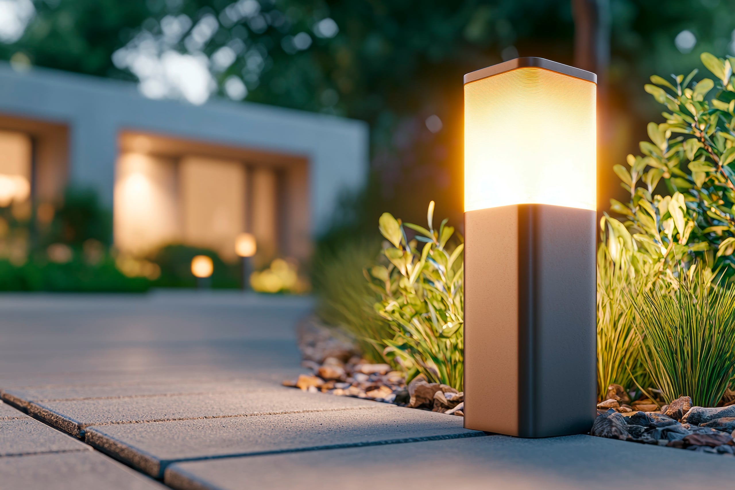 Moderne, geradlinige Pollerleuchte zur Wegbeleuchtung im Garten in der Dämmerung und bei Nacht.
