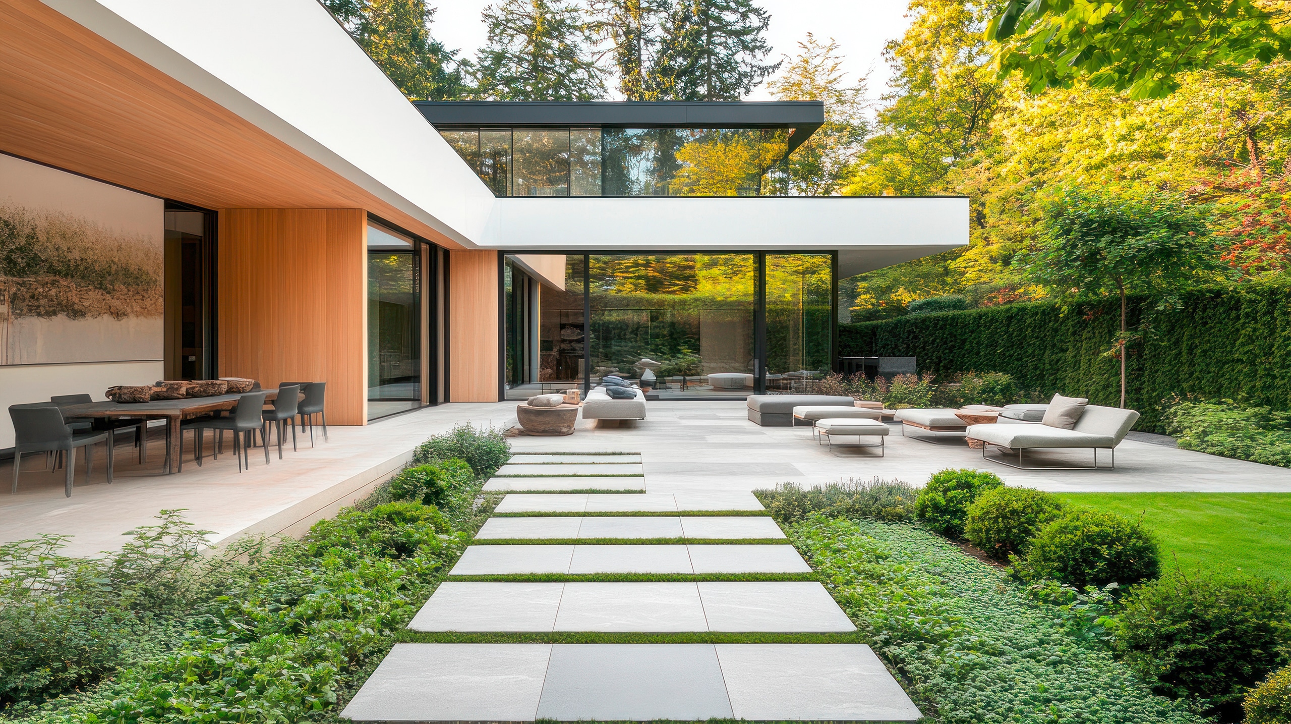 Moderne Ruheoase im diskreten Garten mit zeitloser Pflasterung und ansprechend geradliniger Gartenarchitektur.