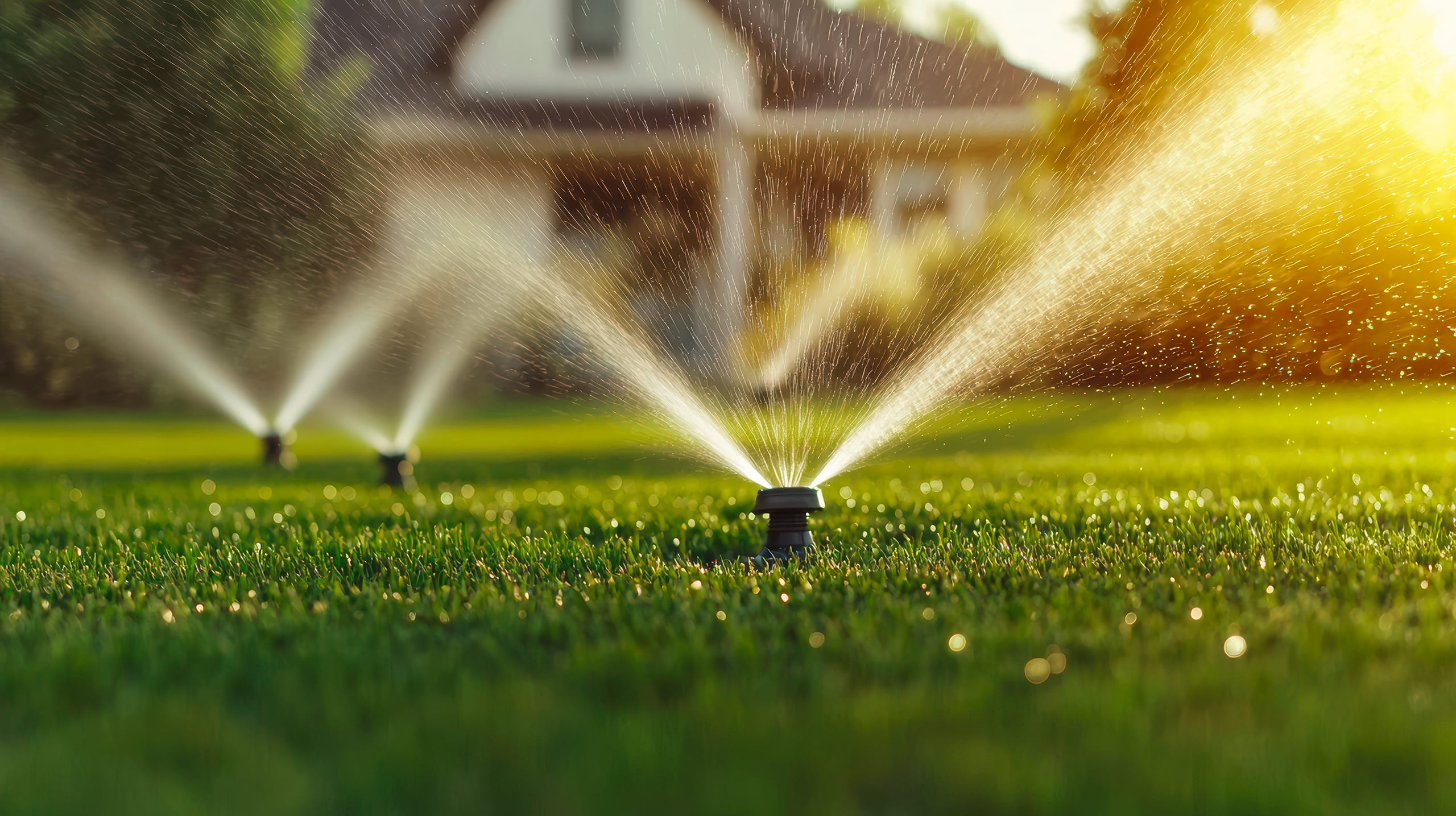 Intelligentes Sprinklersystem zur Bewässerung üppiger grüner Rasenflächen und Demonstration moderner Technologie für effizientes Wassermanagement und Gartenpflege.