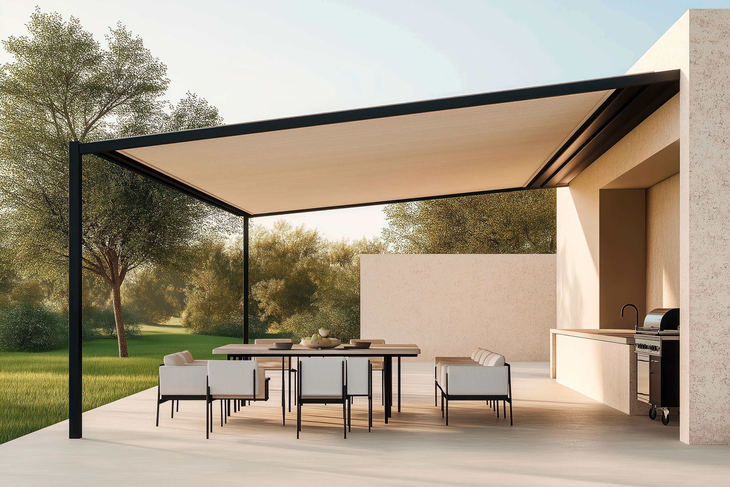 © MarynaModerne Terrassengestaltung mit Pergola-Schattenstruktur. Esstisch, Stühle mit Markise, Küchengrill. Entspannender Außenbereich mit Blick in den Garten. Elegante Terrassenmöbel in neutralen Tönen.