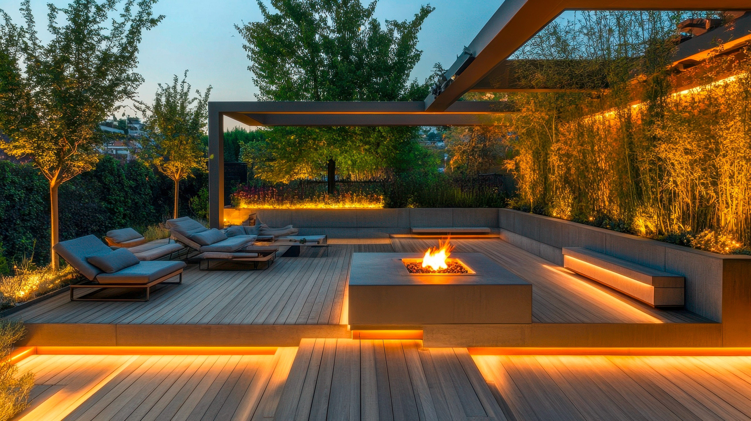 Moderne Outdoor-Lounge mit Sitzgelegenheiten, Feuerstelle und stimmungsvoller Beleuchtung.