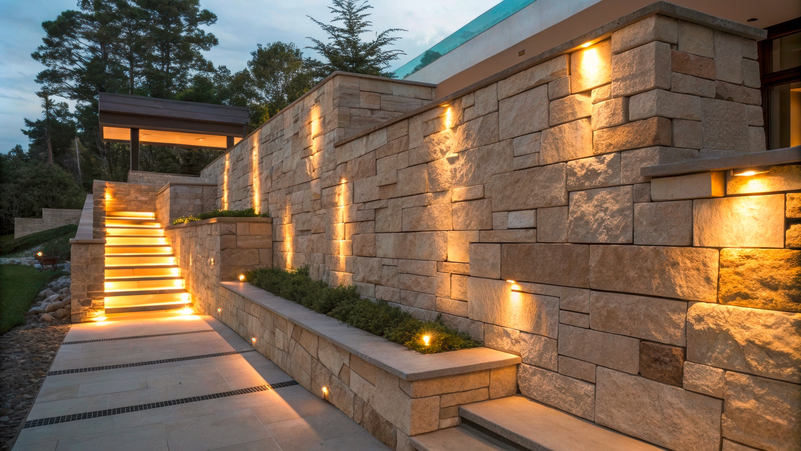 Warm getönte Lichter beleuchten Steinstufen und eine Stützmauer und betonen die architektonischen Merkmale der Außenfassade eines modernen Hauses in der Dämmerung, wodurch eine luxuriöse und einladende Atmosphäre entsteht.