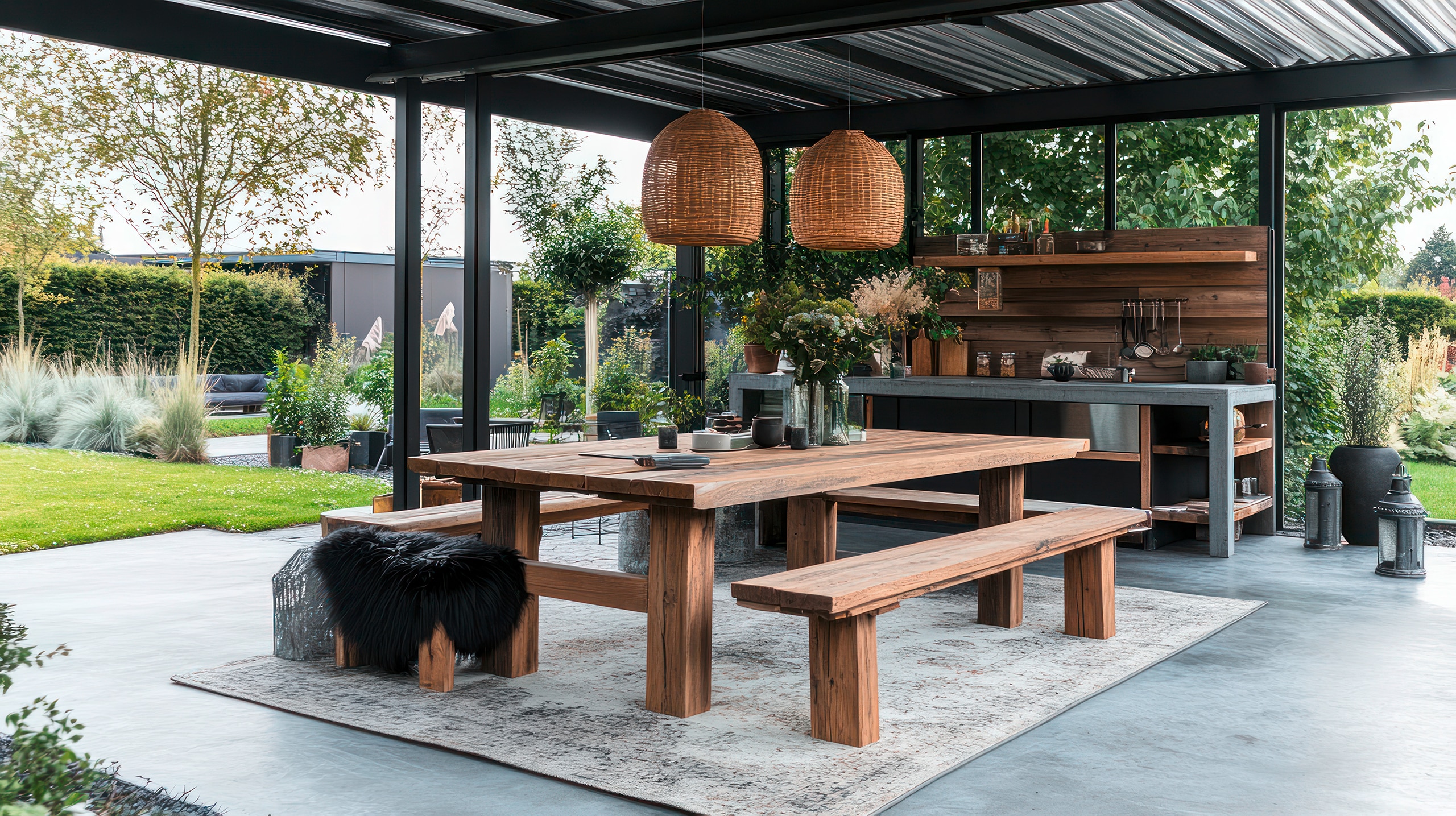Moderne Außenküche und Essbereich mit Holztisch, Bänken und Hängelampen unter einer Pergola.
