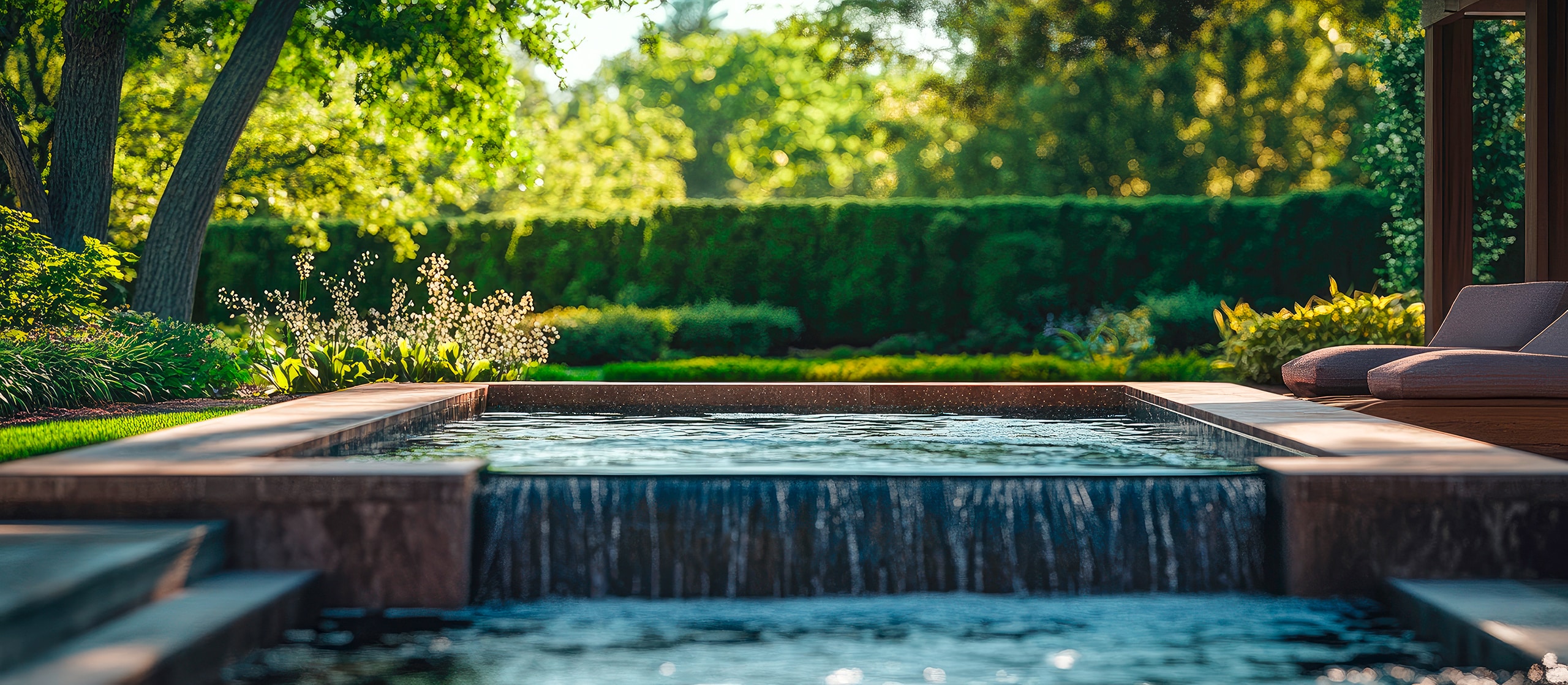 Nahaufnahme eines luxuriösen Whirlpools im Hinterhof mit Düsen und Wasserspielen, umgeben von üppigem Grün.