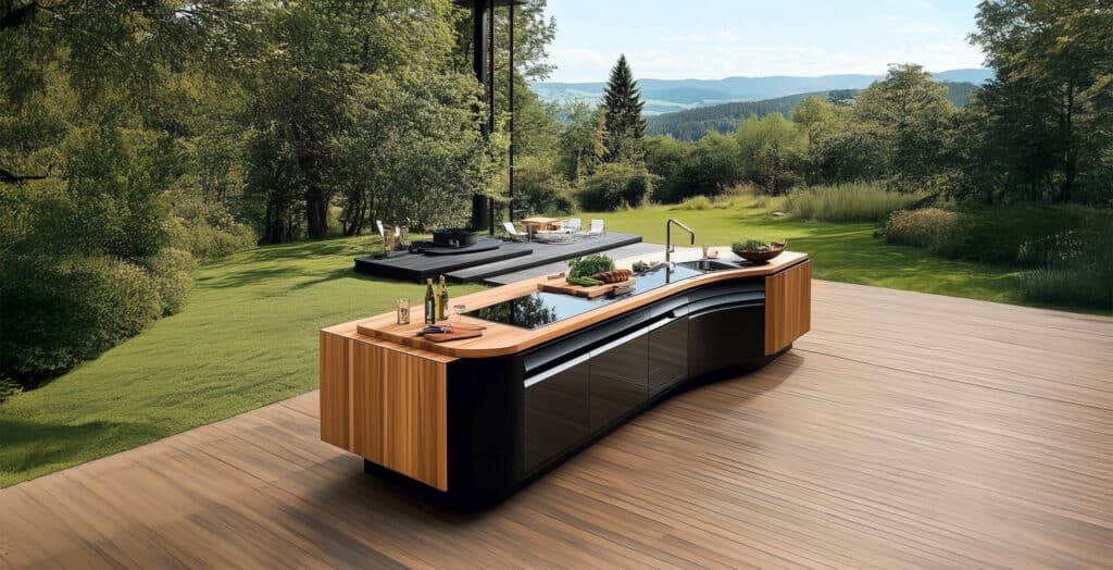 Hochmoderne Outdoorküche mit Bambusholz-Oberfläche und teilweise schwarzen Lack-Fronten auf der großzügigen Holzterrasse mit Blick über das herrlich grüne Grundstück.
