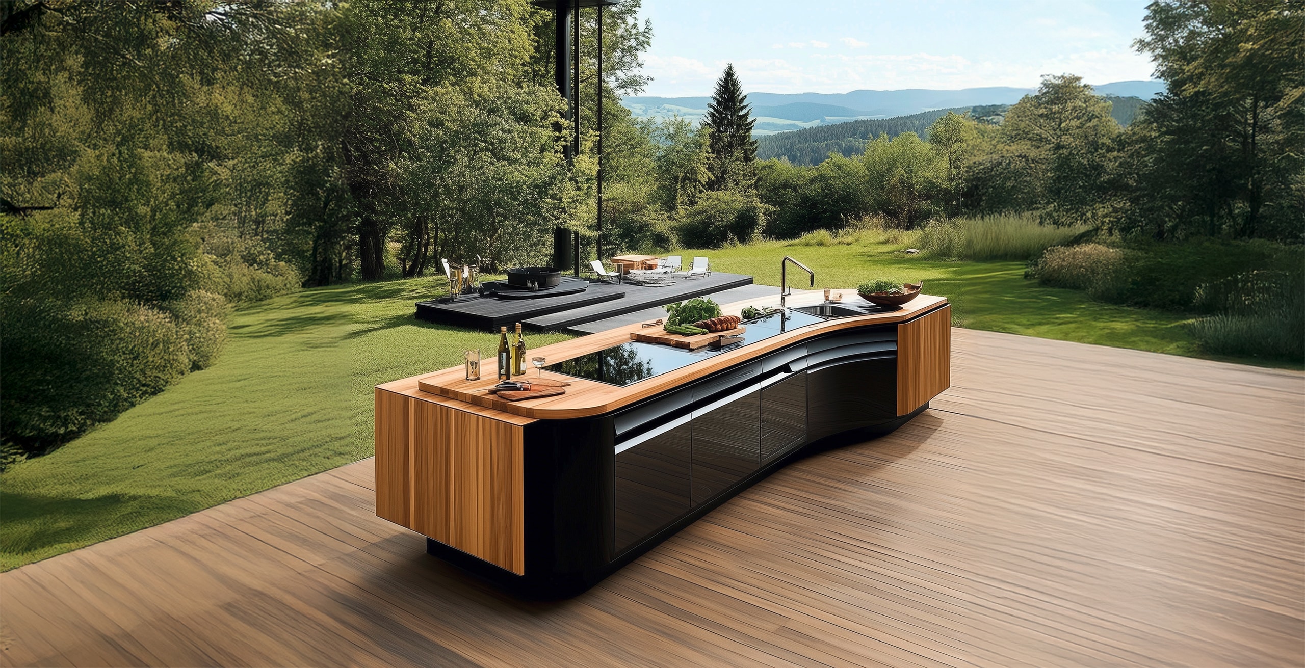Hochmoderne Outdoorküche mit Bambusholz-Oberfläche und teilweise schwarzen Lack-Fronten auf der großzügigen Holzterrasse mit Blick über das herrlich grüne Grundstück.