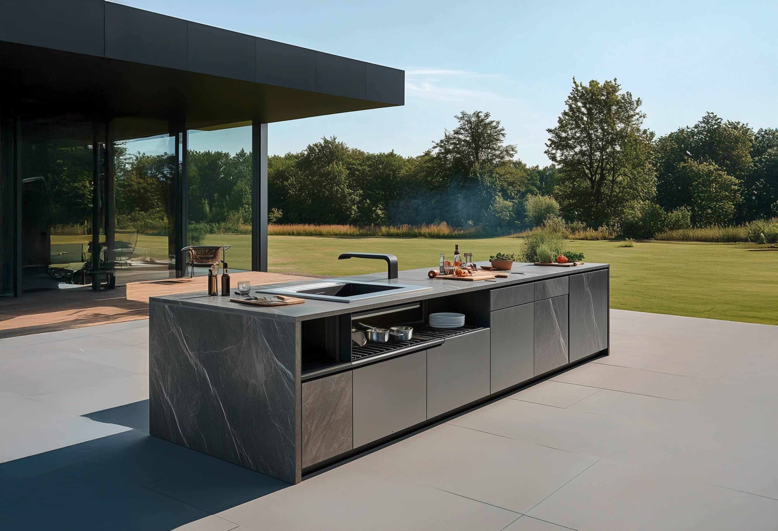 Hochmoderne Outdoorküche in dunkelgrauer Steinoptik mit teilweise marmorierten Fronten und schwarzer Armatur auf der Terrasse eines puristischen Wohnhauses mit Flachdach.