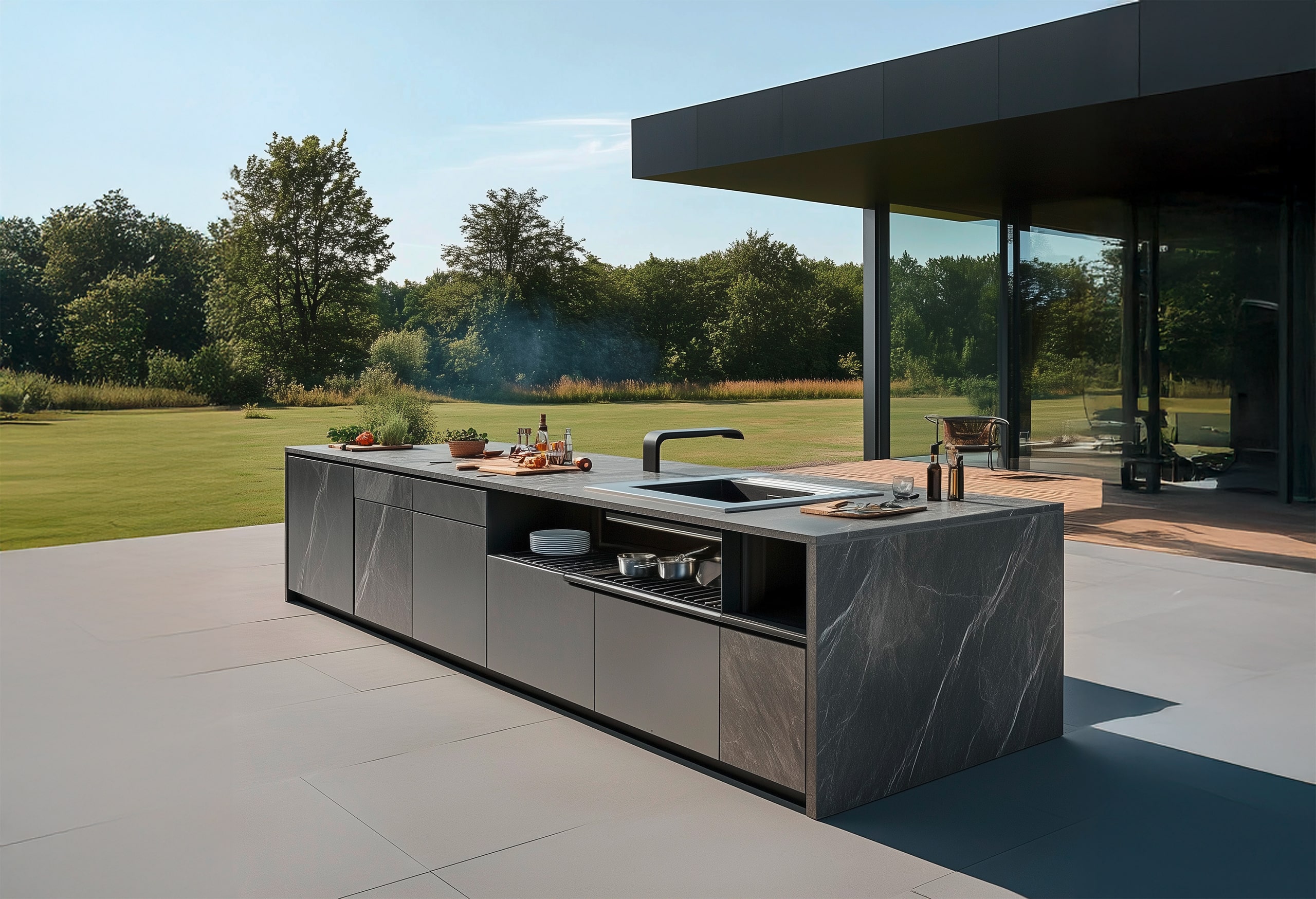 Hochmoderne Outdoorküche mit einer dunklem Oberfläche im Marmor-Look und teilweise schwarz-matten Lack-Fronten auf einer großzügigen Terrasse mit länglichen Natursteinplatten und Blick über das herrlich grüne Grundstück.