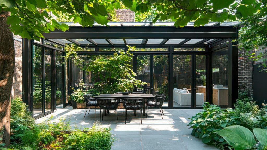 Moderne Terrasse mit Pergola, Essgruppe und üppigem Grün.