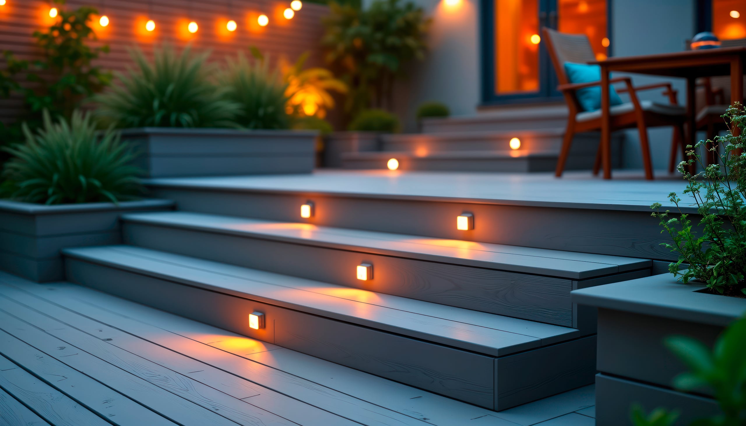 Terrassenbelag aus Verbundwerkstoff mit abgestuften Stufen und Terrassenbeleuchtung. Pflanzen und Pflanzkübel sind sichtbar. Abendstimmung mit warmer Beleuchtung und modernem Design. Perfekt für die Terrasse im Hinterhof. Moderne Architektur.