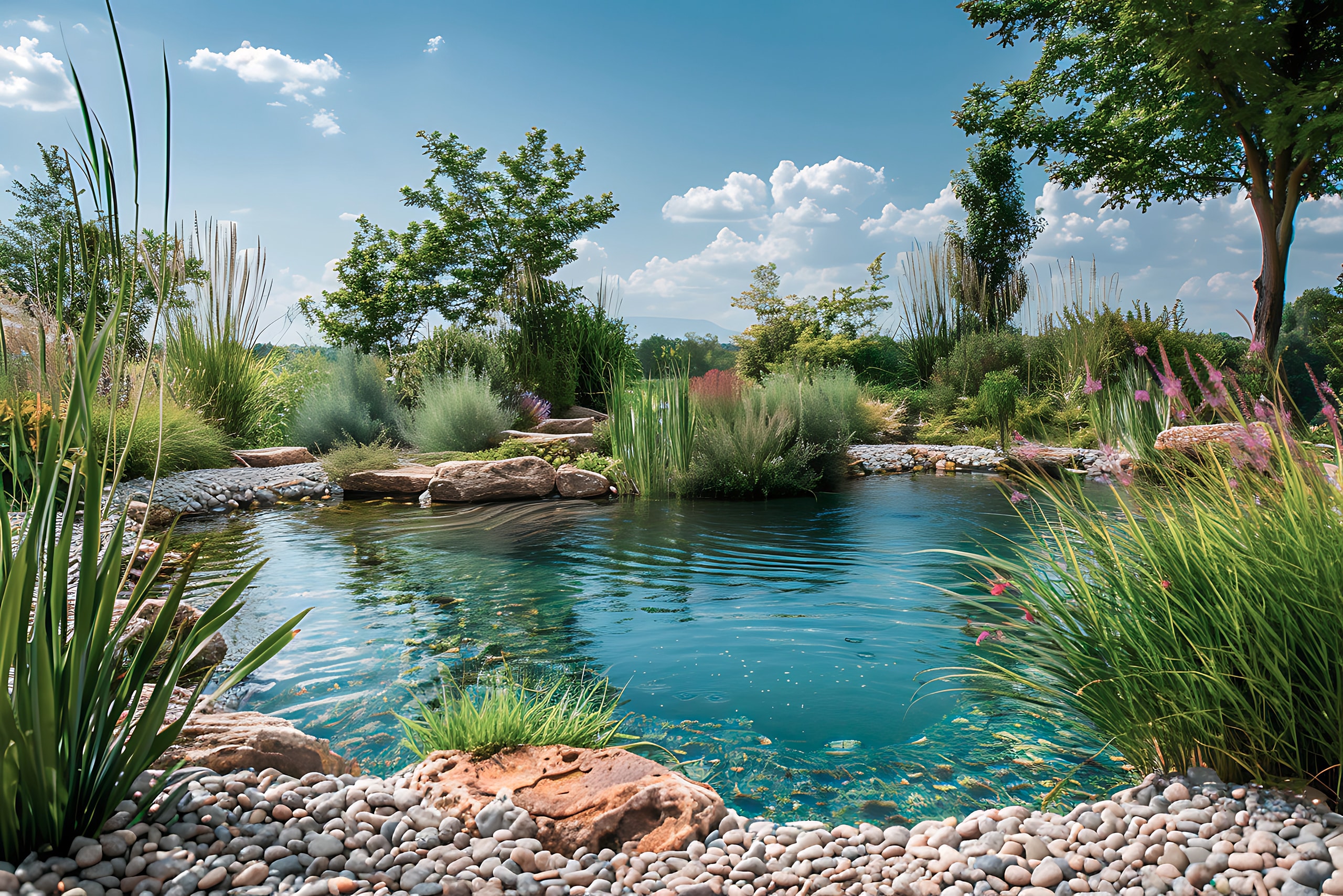 Naturschwimmbecken mit einem Filtersystem aus Pflanzen und Kies, das eine chemikalienfreie Umgebung schafft.