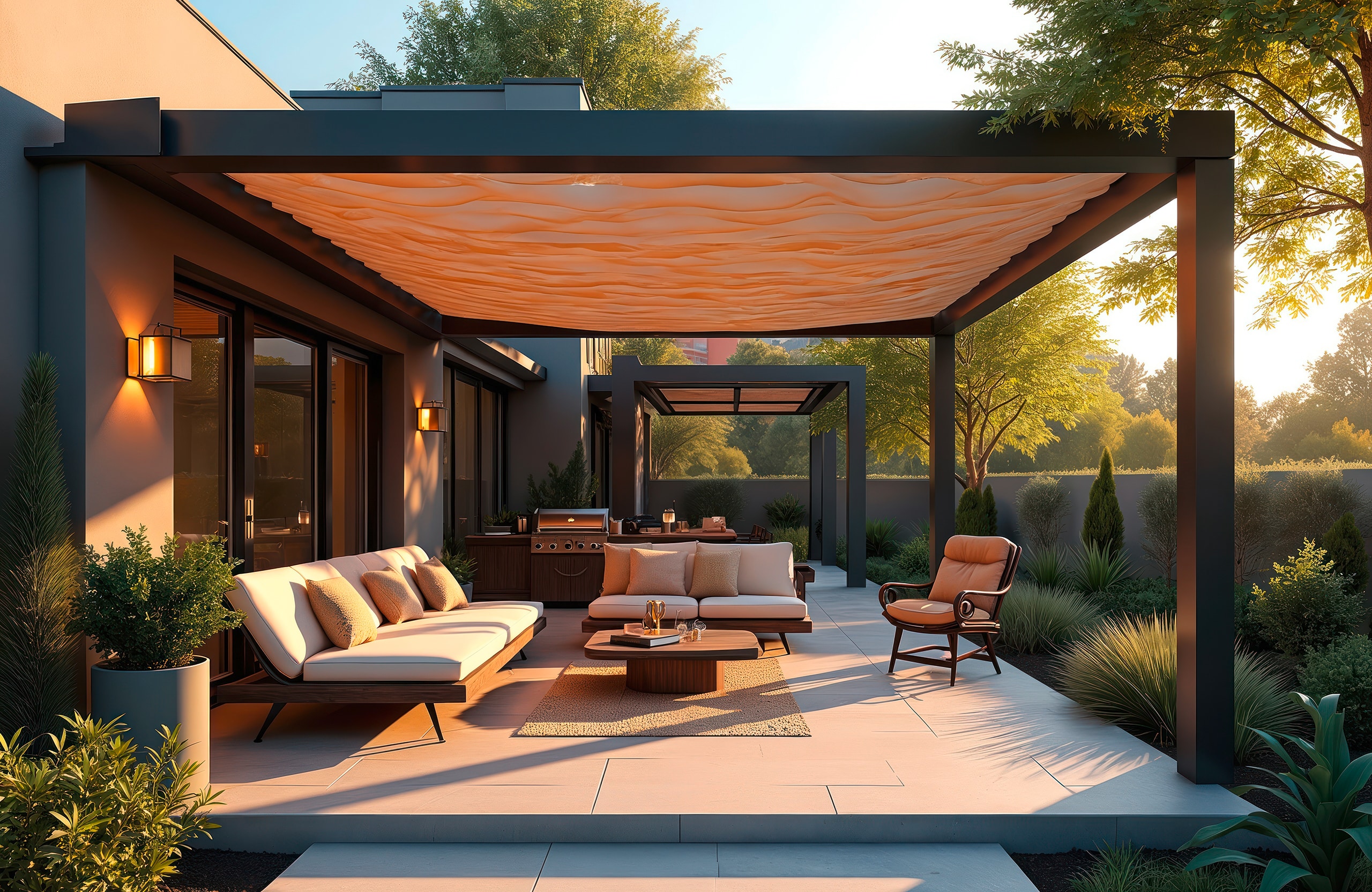 Moderner Terrassenbereich mit trendiger Pergola-Schattenstruktur und Markise. Bequeme Gartenliegestühle, Metallgrill, umgeben von Landschaftsgestaltung. Schöne Hinterhofgestaltung mit weißer Hausfassade.