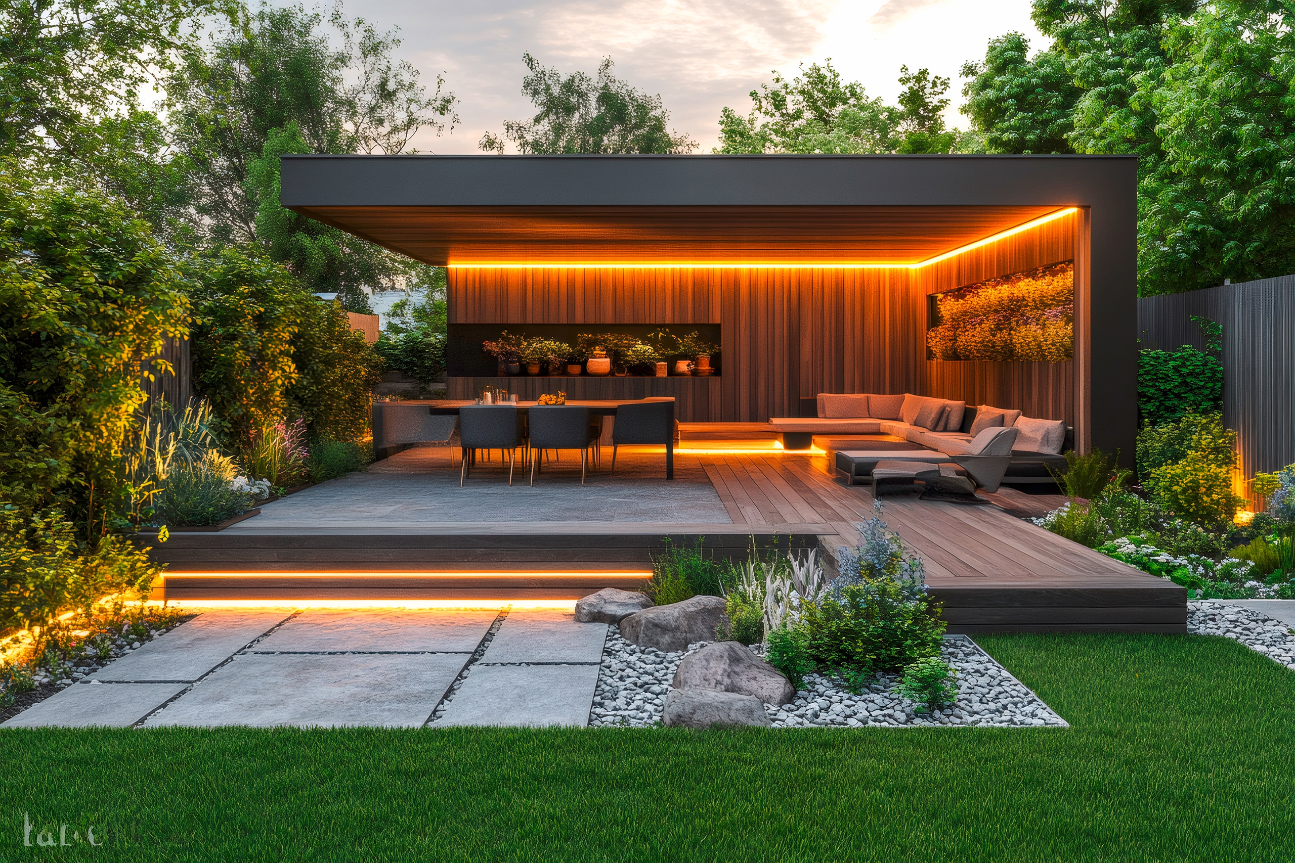 Moderne Hinterhofterrasse mit Pergola, Loungebereich und Esstisch, beleuchtet mit LED-Streifenbeleuchtung.