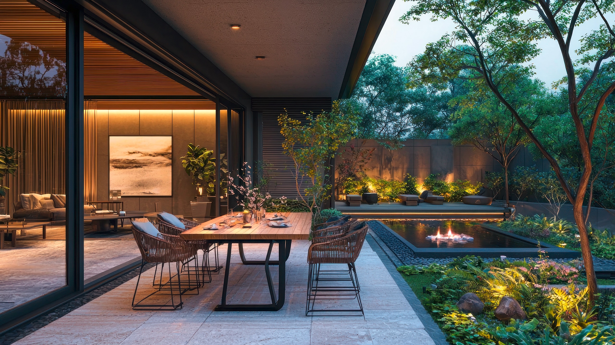 Ruhiger Abend auf der modernen Terrasse mit Steinbelag in einem hochwertigen, minimalistischen Haus mit einer atemberaubenden Hinterhof-Oase inklusive Wasserbecken.