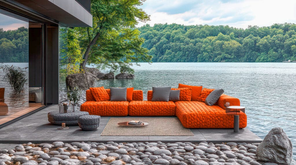 Moderne Outdoor-Lounge in kräftigem Orange und strukturiertem Textil mit zahlreichen Zierkissen auf einer traumhaftem Terrasse eines Modernen Seehauses mit Blick auf das Wasser.