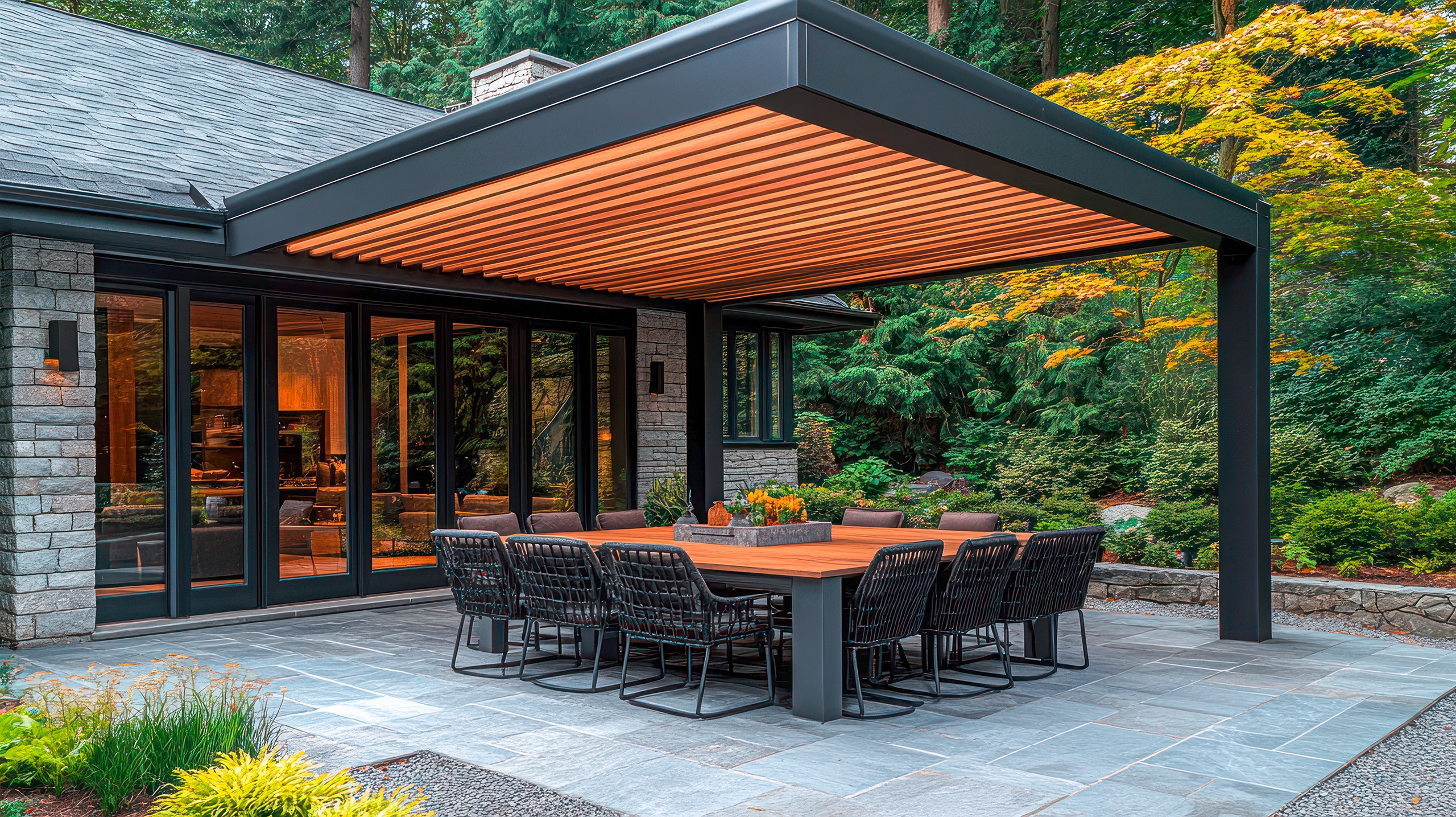 Moderner Essbereich im Freien unter einer anthrazitfarbenen Pergola mit honigfarbenen Holzlamellen.