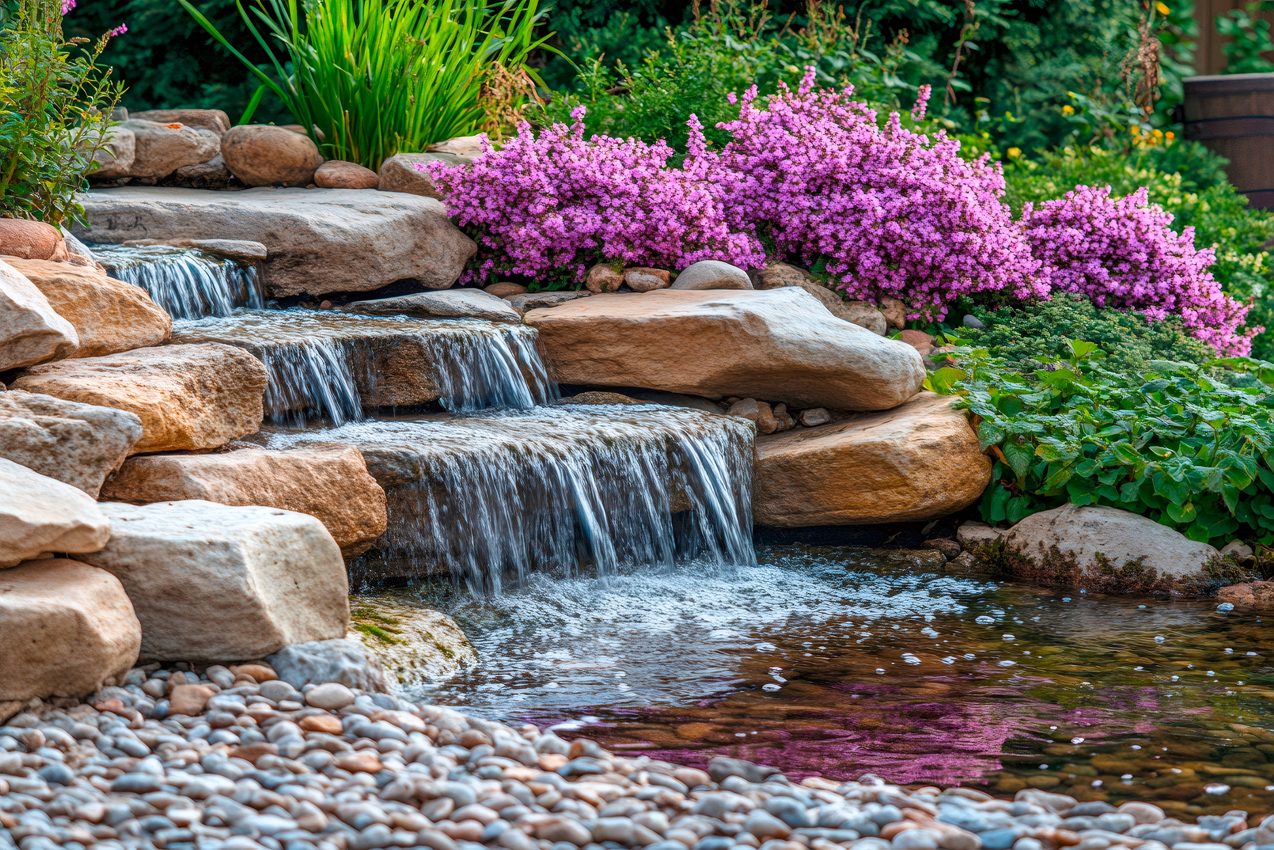 Kaskadierender Wasserfall, der den ruhigen Gartenteich mit üppigem Grün verschönert.
