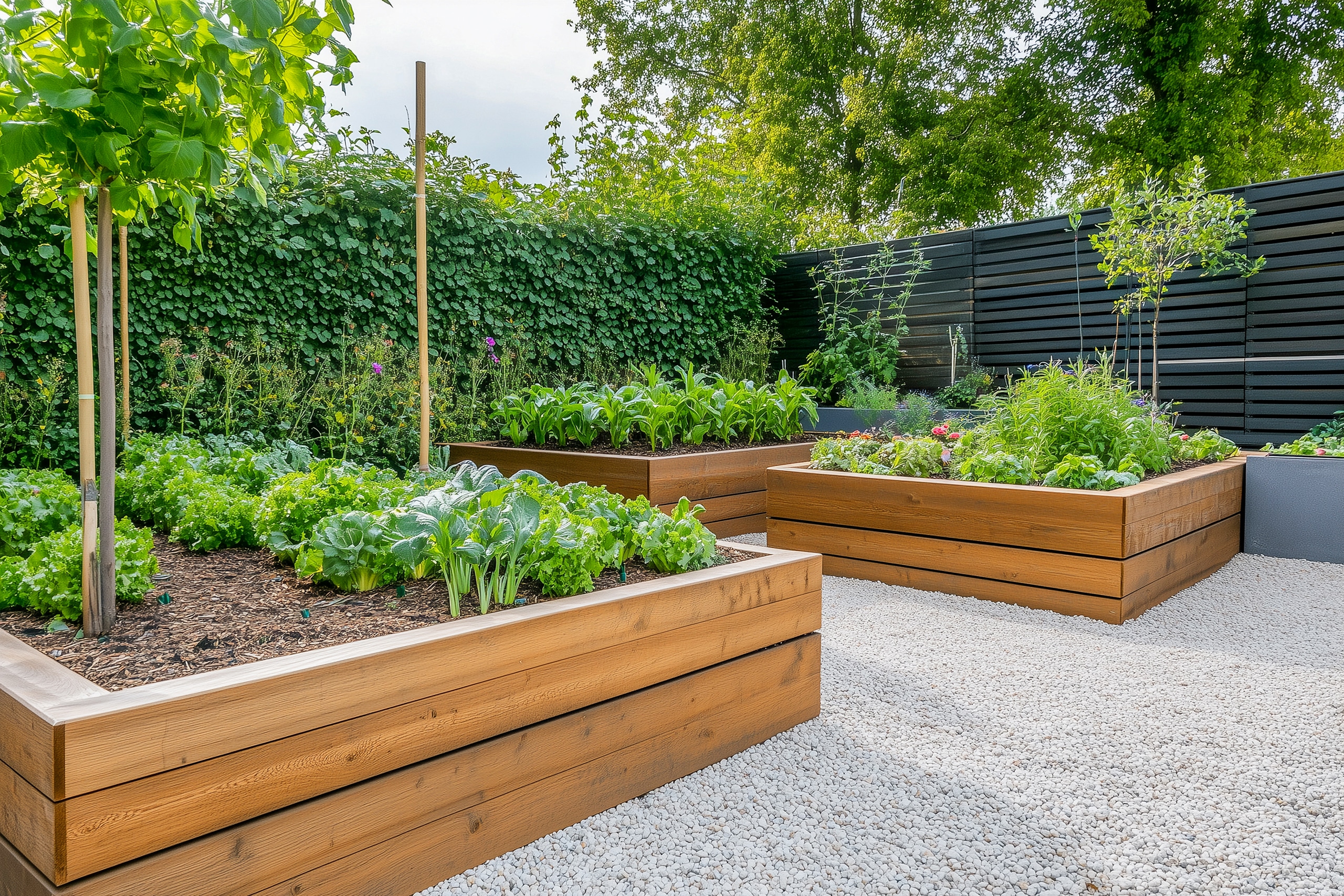 Moderner Gemüsegarten mit üppiger Begrünung mit Hochbeeten aus Holz und Kiesflächen am Boden.