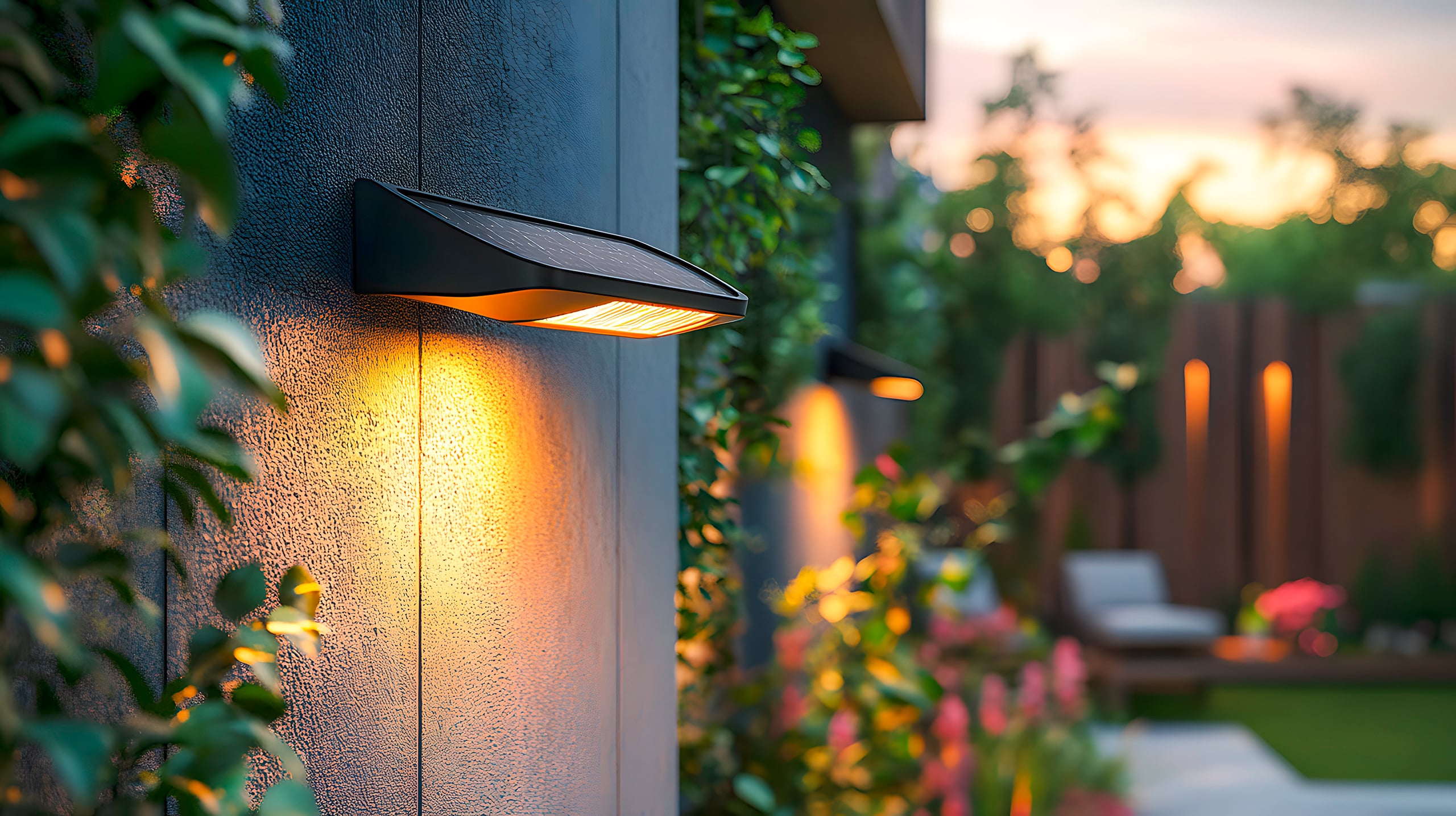 Schwarze Solar-LED-Wandleucht, die Energieeffizienz und Nachhaltigkeit vereint und den Außenbereich auch bei Regen wunderschön mit einer Mehrwinkeleinstellung für den Lichtstrahl beleuchtet.