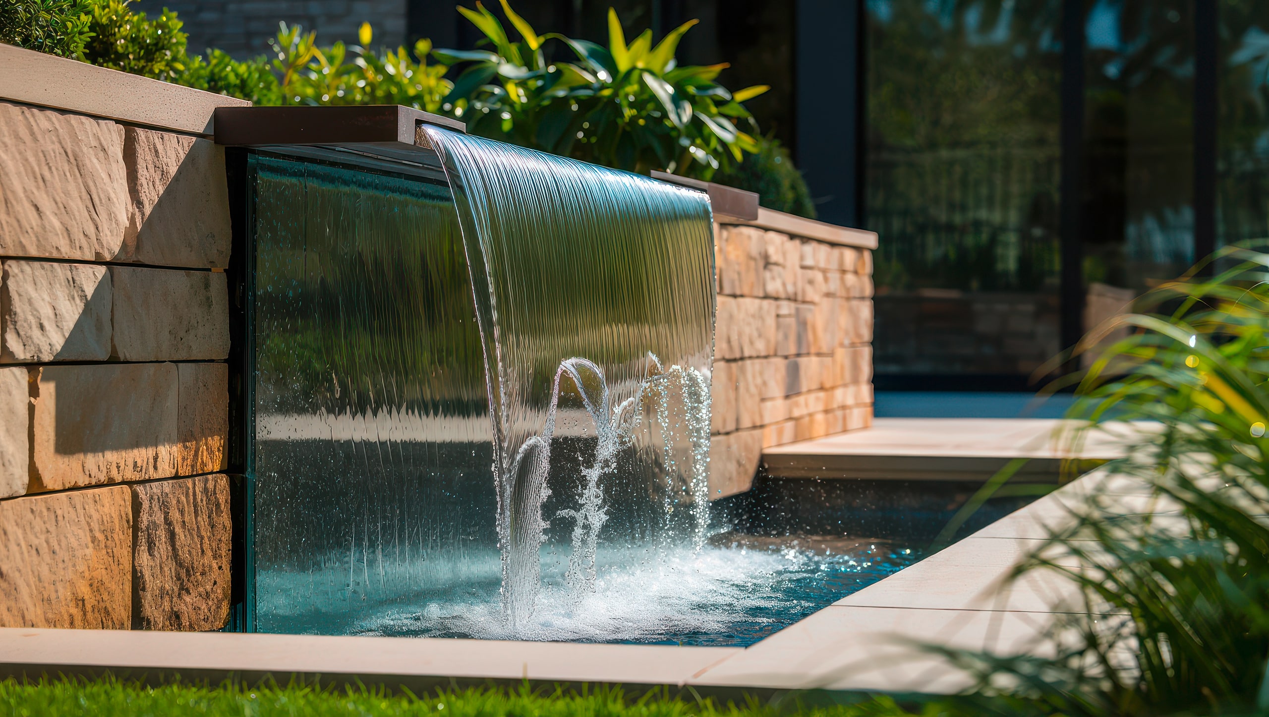 Modernes Wasserfall-Element in einem Garten mit Steinmauer und Landschaftsgestaltung.