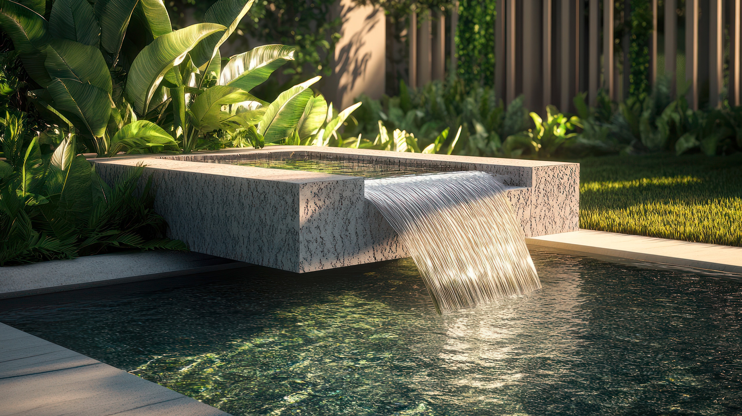 Modernes Wasserspiel mit quadratischen Steinblock aus Granit in einer üppigen Gartenumgebung.