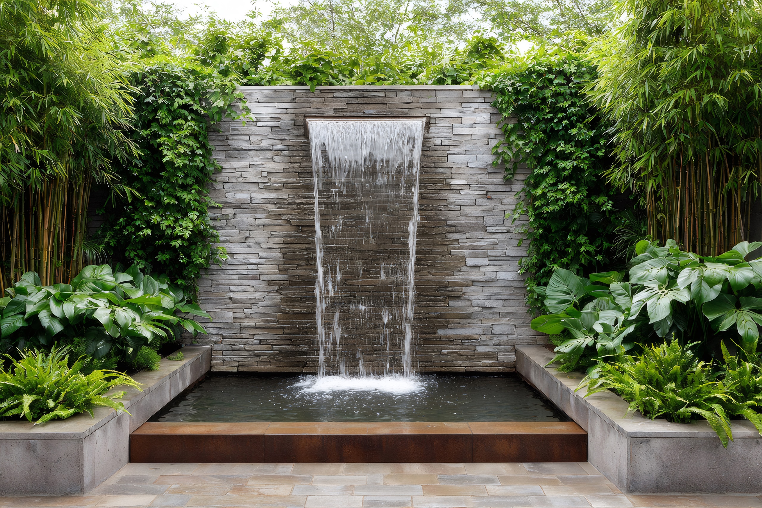Moderne Gartenlandschaft mit Wasserfall und üppigen grünen Pflanzen.