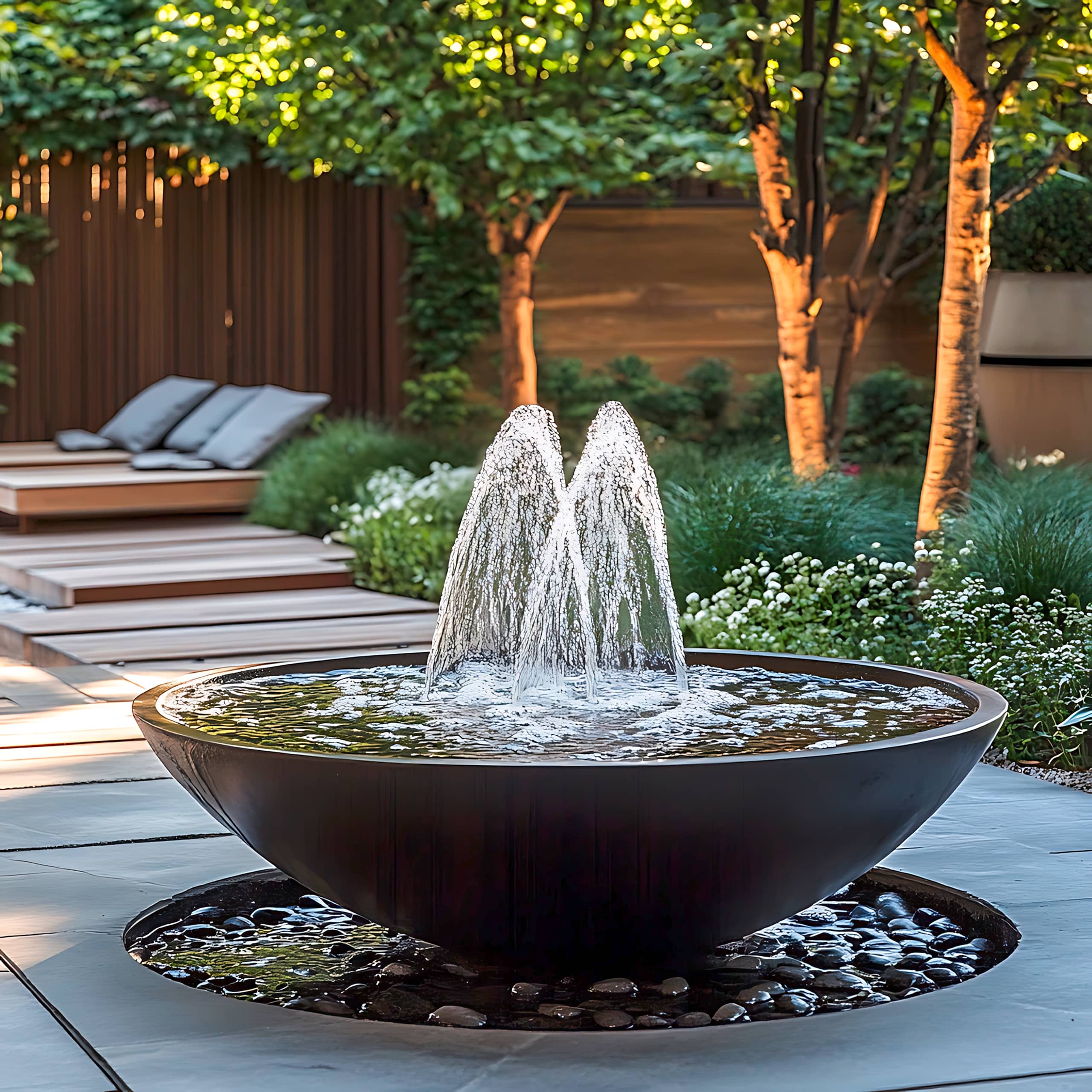 moderner, sprudelnder Brunnen schafft eine ruhige Atmosphäre in einem wunderschön angelegten Garten, umgeben von üppigem Grün und eleganten Sitzgelegenheiten. Das sanfte Geräusch des Wassers fördert Entspannung und Ruhe.