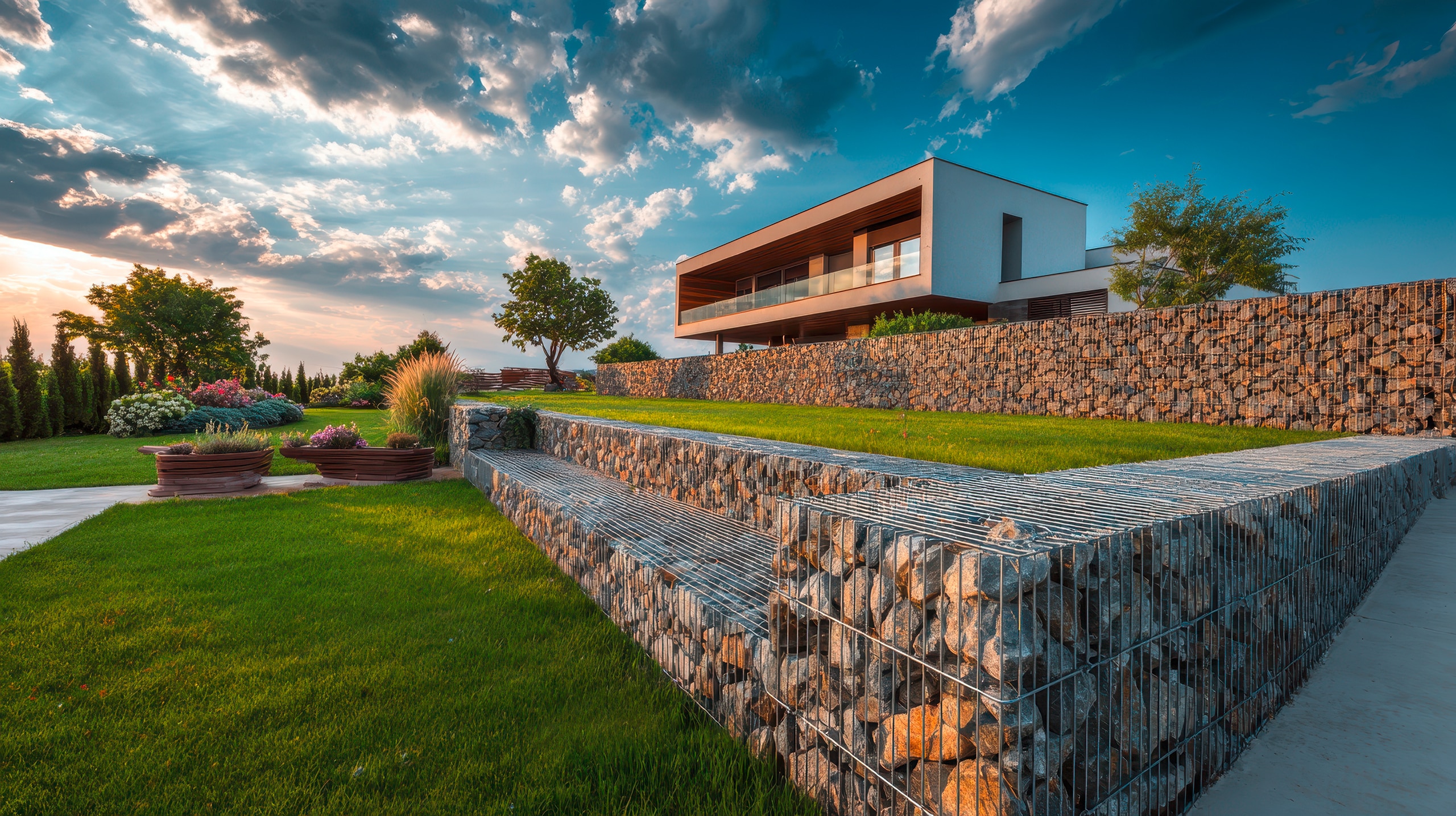 Modernes Luxushaus mit raffinierter Gabionenwand-Gartengestaltung und weitläufigem Rasen, das bei Sonnenuntergang eine ruhige und zeitgemäße Wohnatmosphäre schafft.
