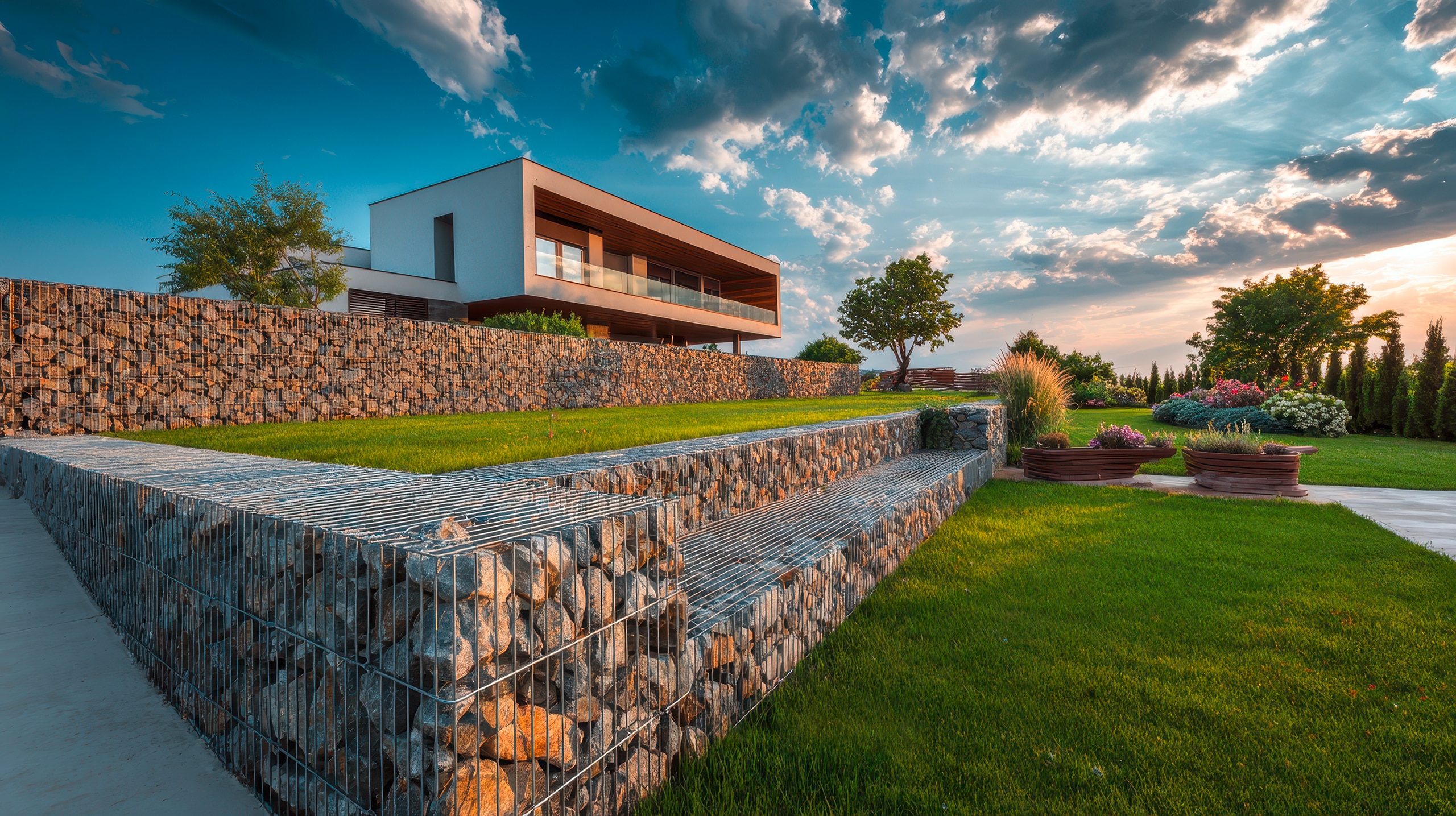 Modernes Luxushaus mit raffinierter Gabionenwand-Gartengestaltung und weitläufigem Rasen, das bei Sonnenuntergang eine ruhige und zeitgemäße Wohnatmosphäre schafft.