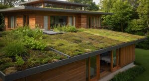 Ein modernes mehrstöckiges Haus mit Holzverkleidung und bemostem und bepflanztem Schrägdach.