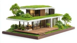 Modell einer modernen Villa aus Beton und Glas mit Fassadenelementen Terrasse und Balkongeländer aus Holz und Dachbegrünung auf zwei Etagen.