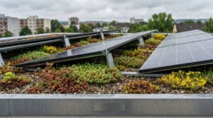 Dachbegrünung eines Mehrparteienhauses mit Flachdach und angewinkelten Solarpaneelen.