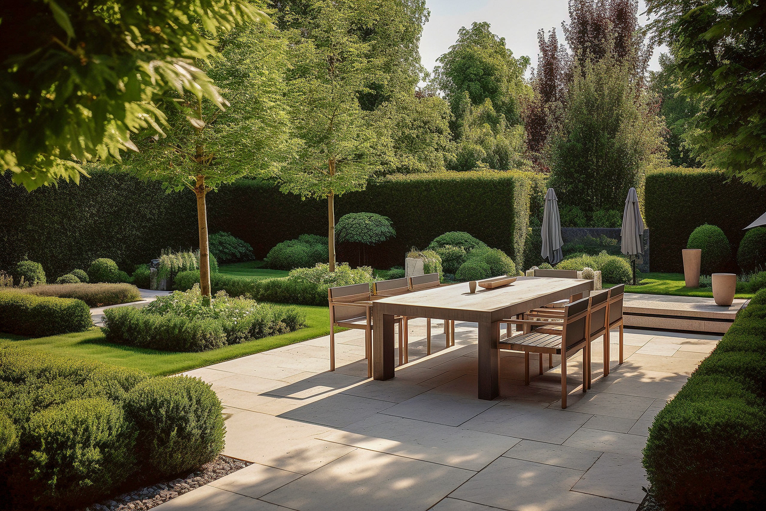 Luxuriöser Essbereich mit modernem Tisch aus Vollholz und 6 Stühlen im Freien in einem gepflegten privaten Garten mit üppiger Vegetation und einem geräumigen Esstisch aus Holz.