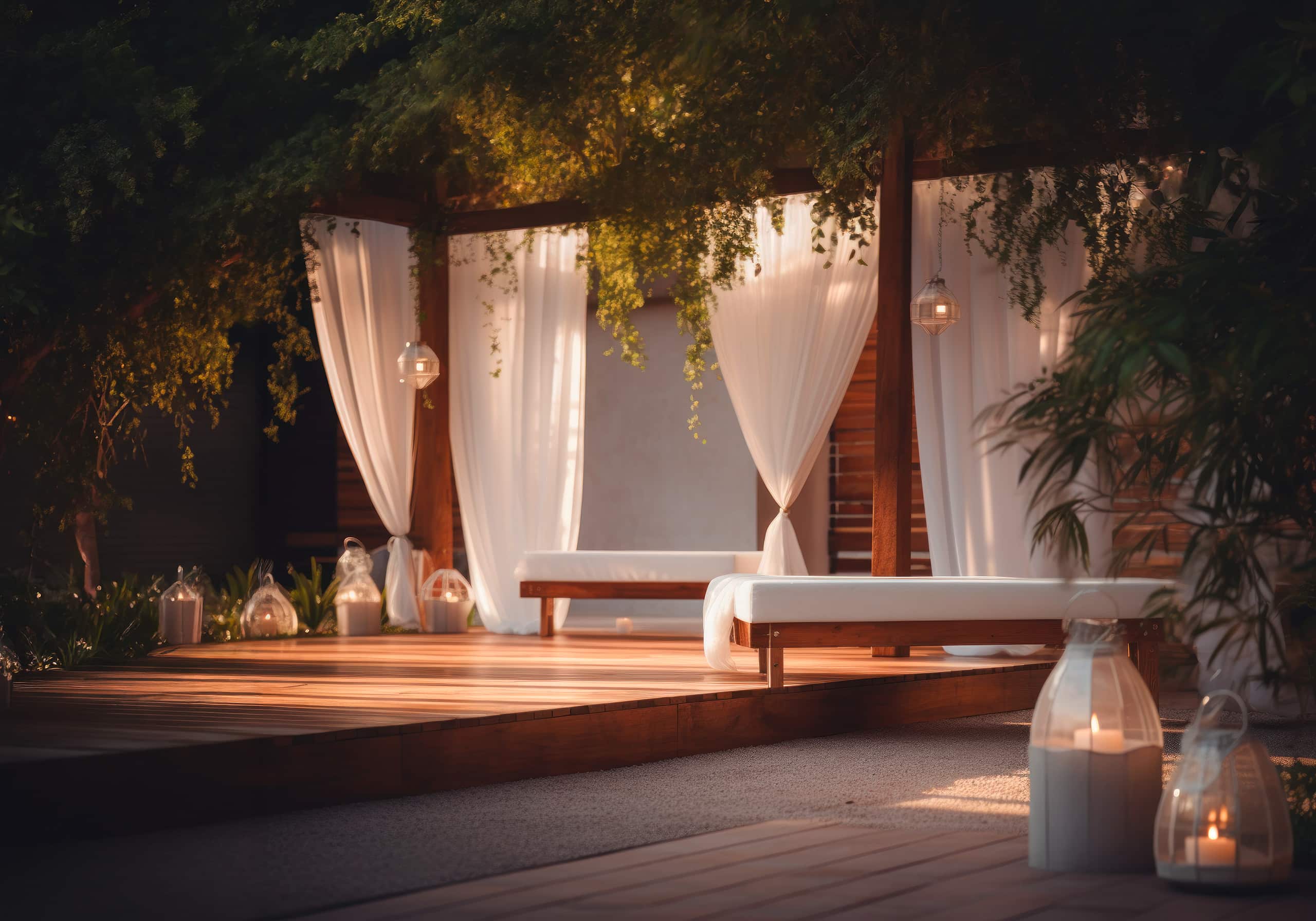 Chillout-Lounge auf einer Holzterrasse mit weißen Outdoor-Vorhängen, die einen exotischen Look verleihen. KI-generiert