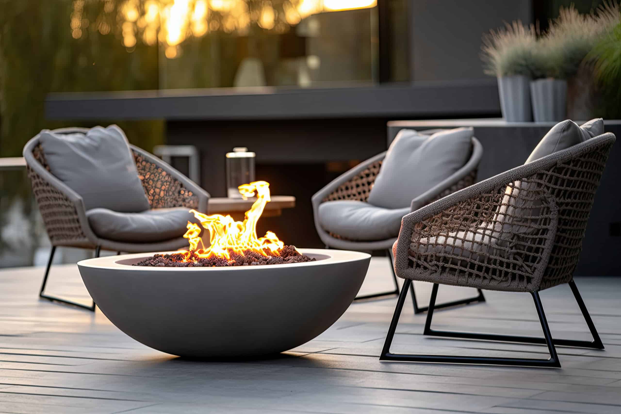 Konzept der Entspannung und Kommunikation Feuerstelle im Hinterhof mit grauen, modernen Gartenmöbeln und Stühlen auf einer Terrasse eines Wohnhauses bei Sonnenuntergang.