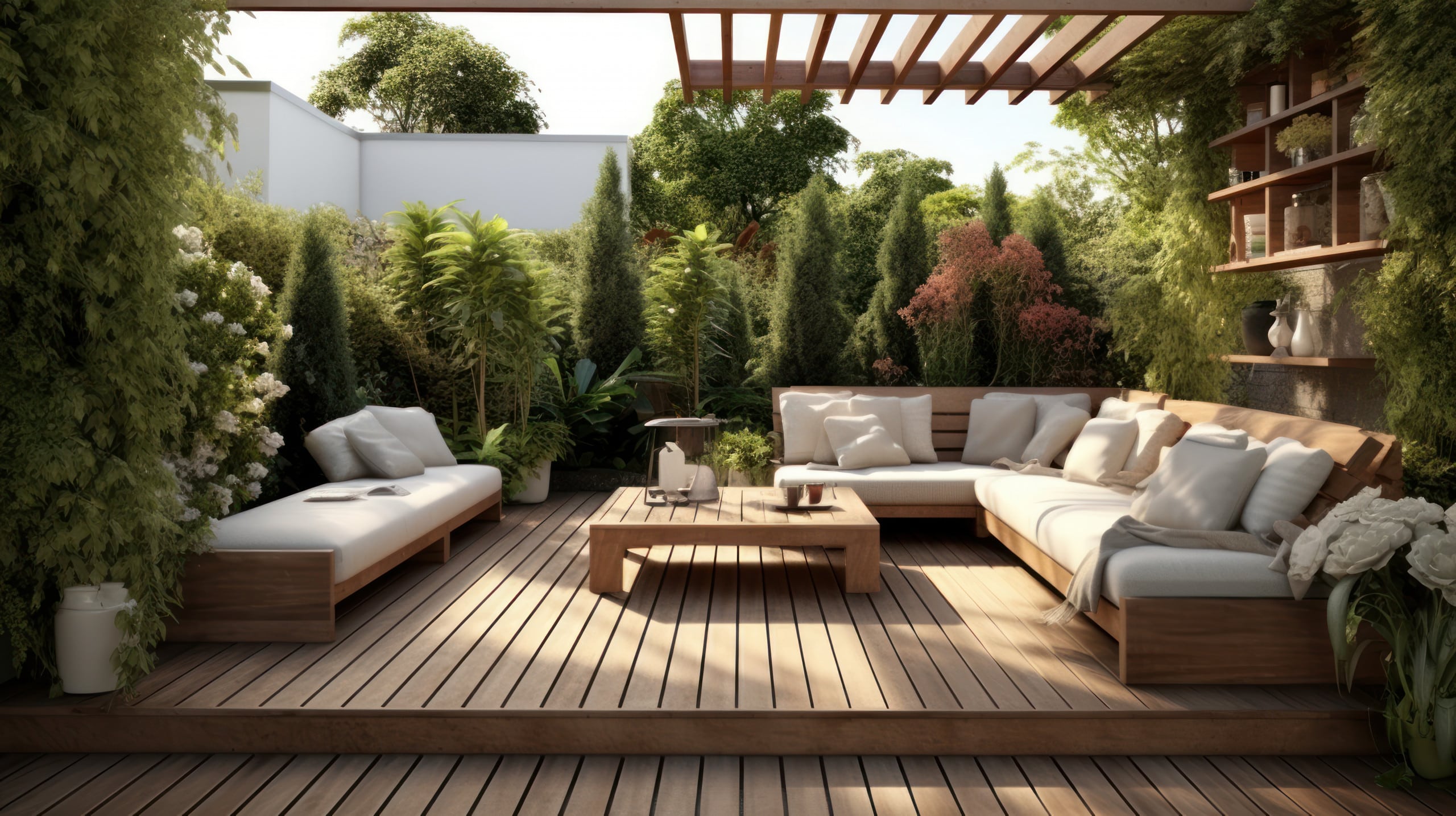 Gemütliche Terrasse mit erhabenem Holz-Plateau und Holz-Pergola darüber, großzügige Loungemöbel und zahlreiche Grünpflanzen rundherum.