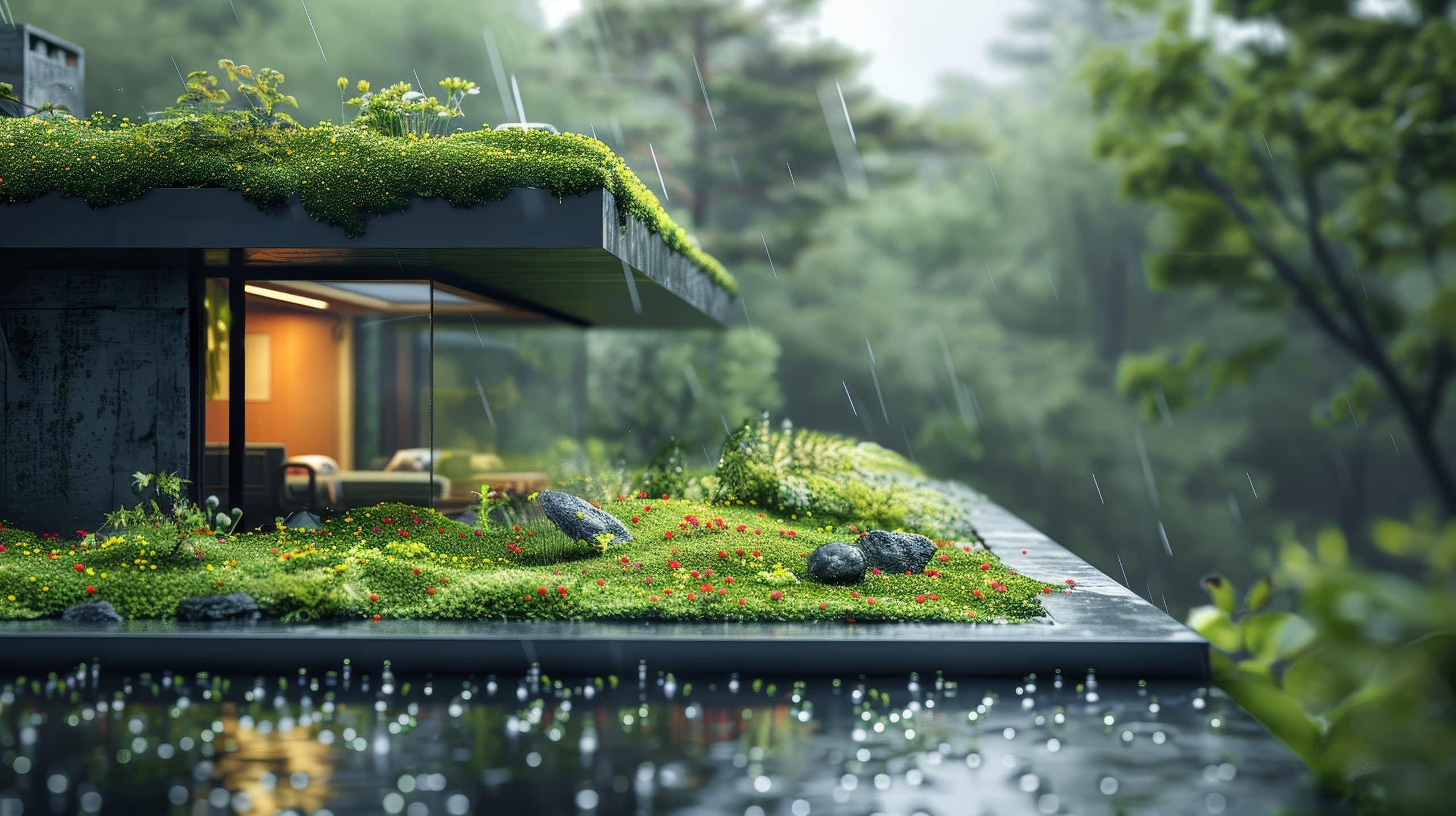 Modell eines modernen Betonbungalows mit dreiseitiger Verglasung, begrüntem Dach, in Regenstimmung und naturnaher, minimalistischer Gartengestaltung.