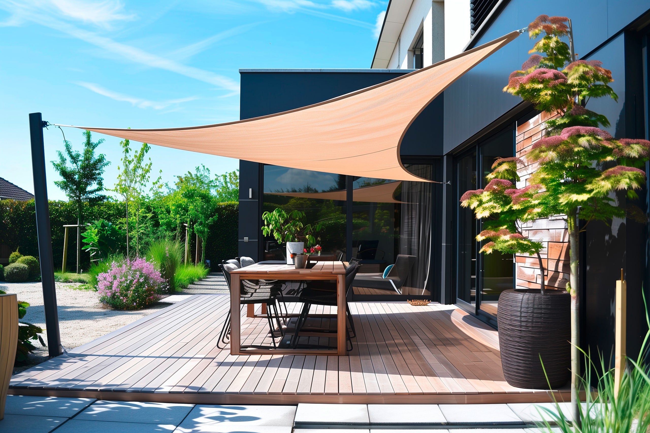 Elegante Holzterrasse mit Essbereich und schrägem, dreiseitigem Sonnensegel.