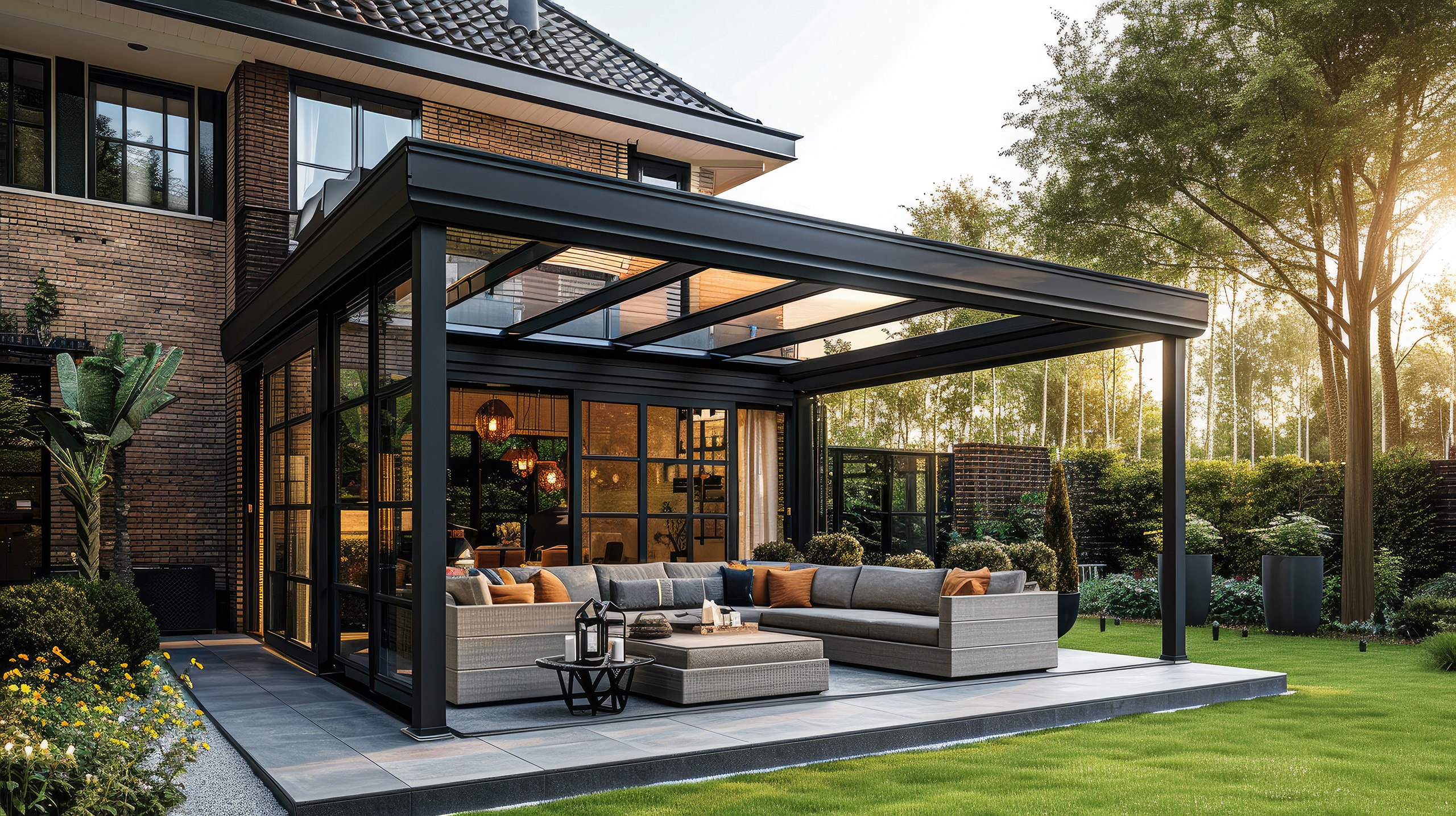 Gemütliche Pergola mit offenen Seiten und einem eleganten Glasdach liegt neben einem charmanten Haus, umgeben von einem wunderschönen Garten. Die Pergola strahlt eine warme und einladende Atmosphäre aus.