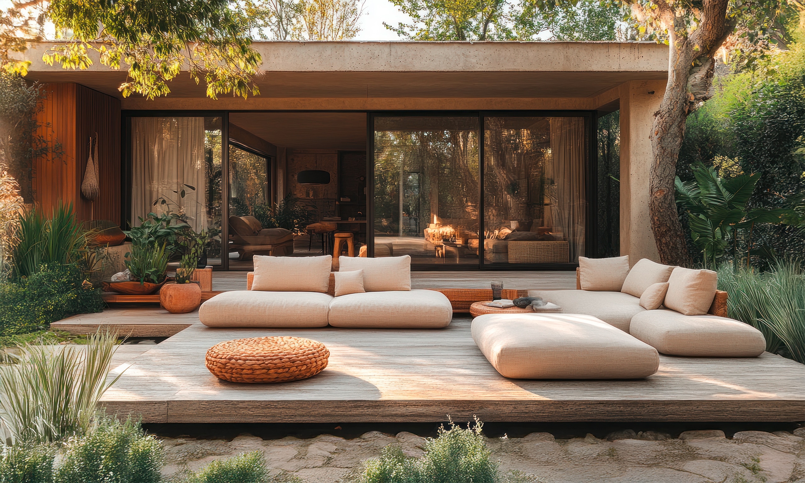 Moderner Loungebereich im Freien mit gemütlichen Lounge-Polstermöbeln und großen Kissen, der mit der Natur verschmilzt.