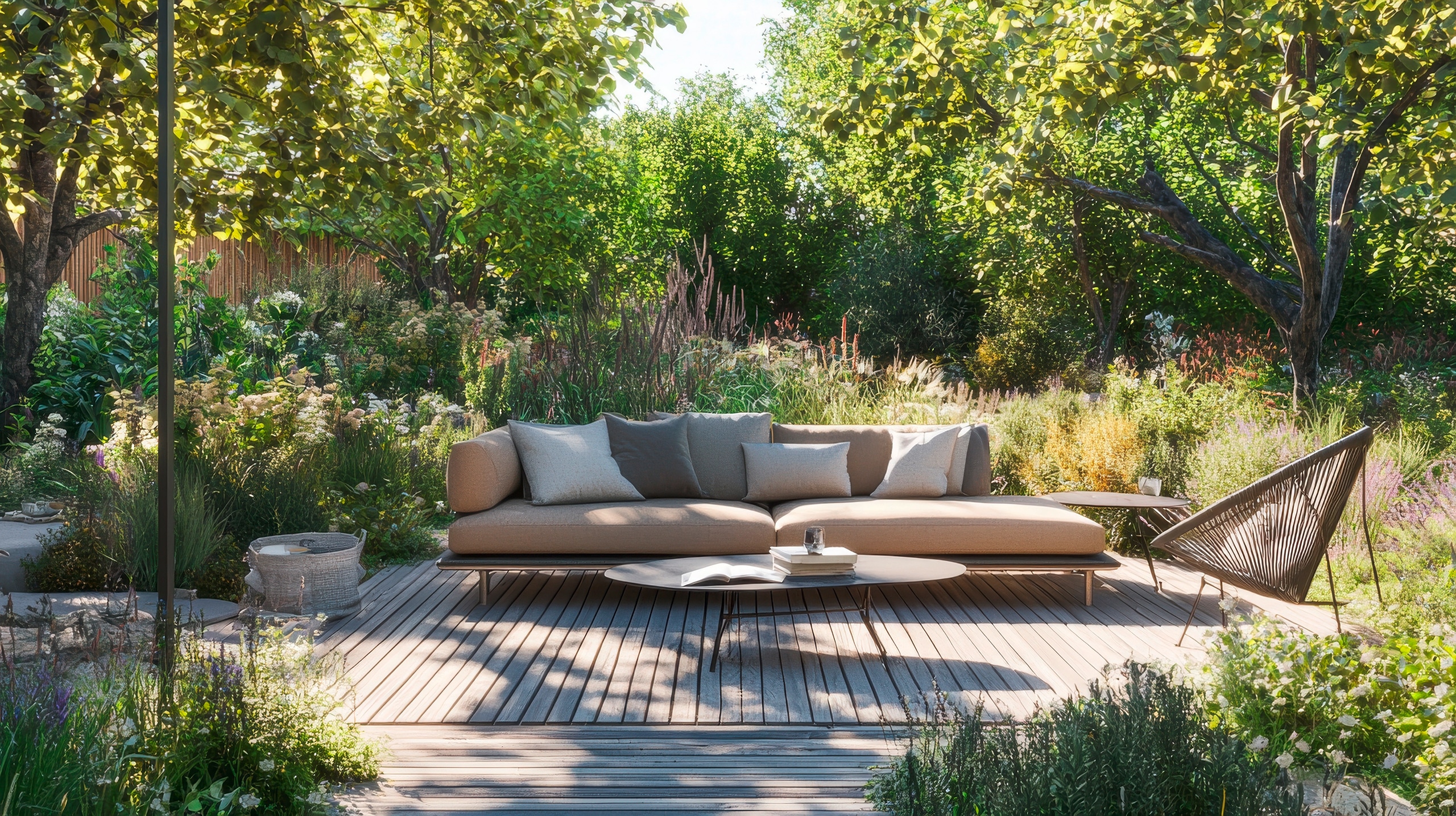 Moderne Lounge-Möbel auf einer freiliegenden Holzterrasse mitten in einem bunten, naturbelassenen Garten mit zahlreichen Bäumen und Sträuchern, die Schatten spenden und Blühpfalanzen.