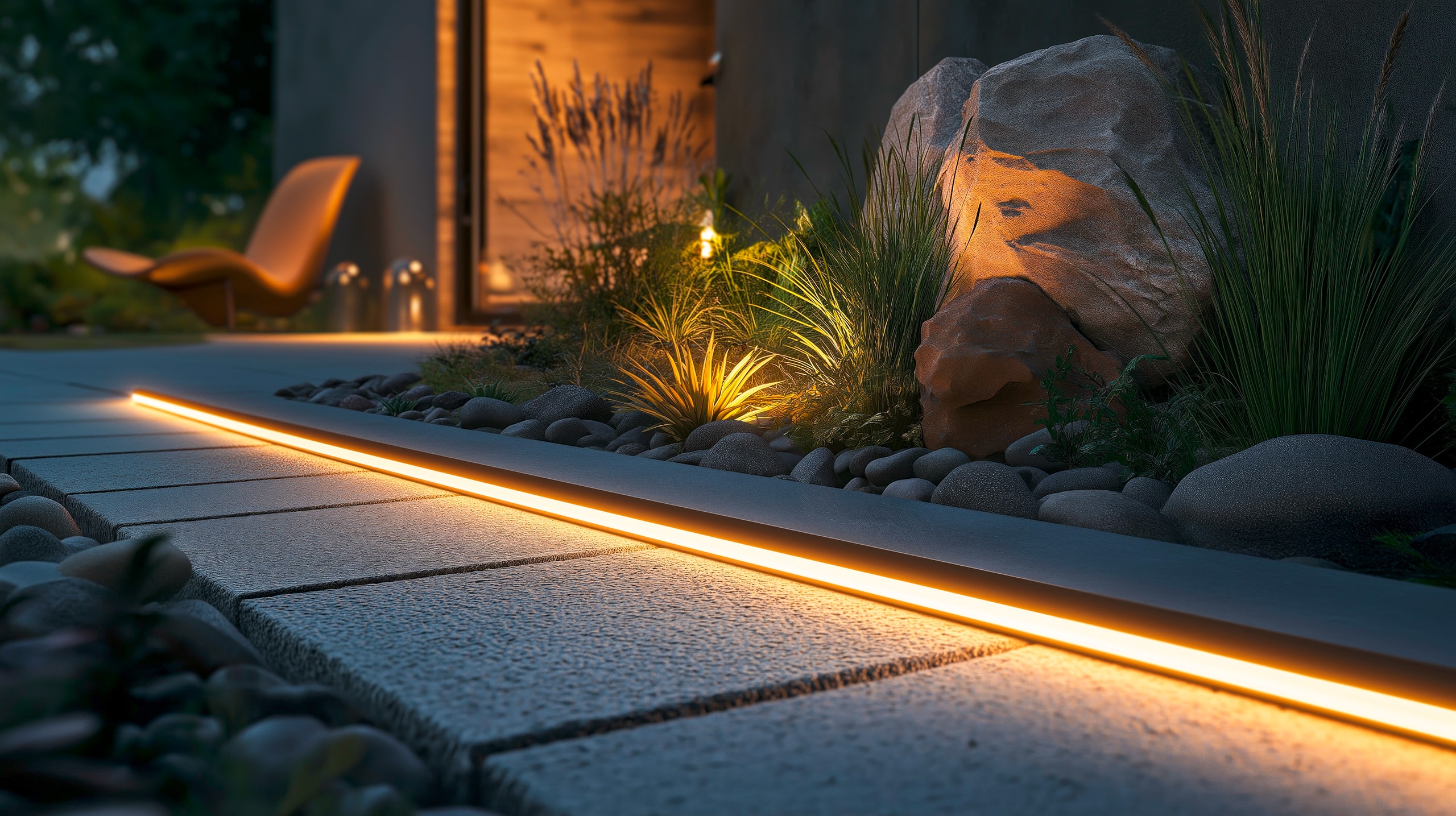 Elegante, schlanke LED-Streifenbeleuchtung wertet nachts eine moderne Terrasse und einen Gartenweg mit minimalistischem Design auf.