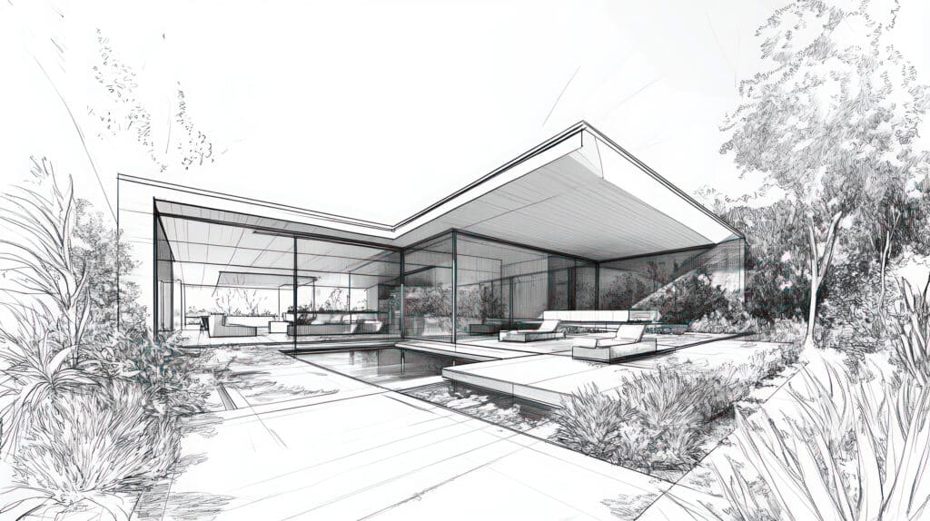 Architektonische Skizze eines modernen Hauses mit Pool und Landschaftsgestaltung.
