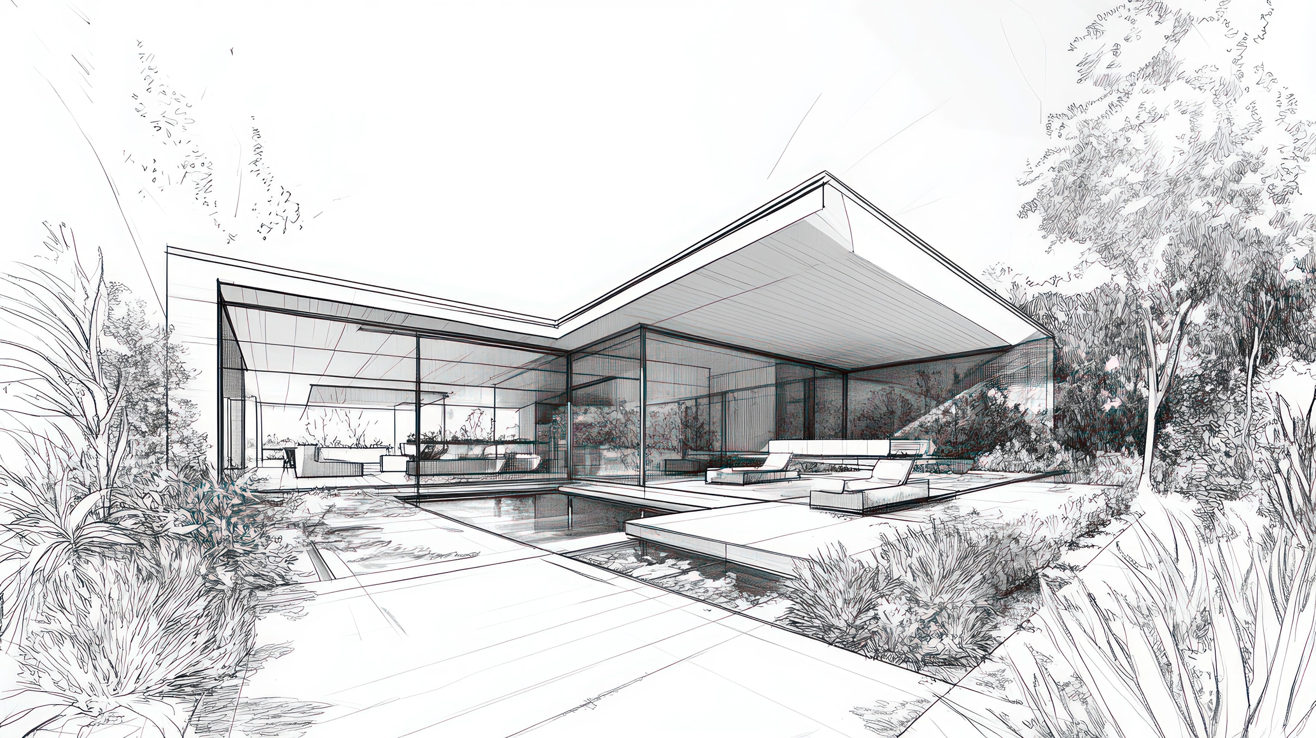 Architektonische Skizze eines modernen Hauses mit Pool und Landschaftsgestaltung.