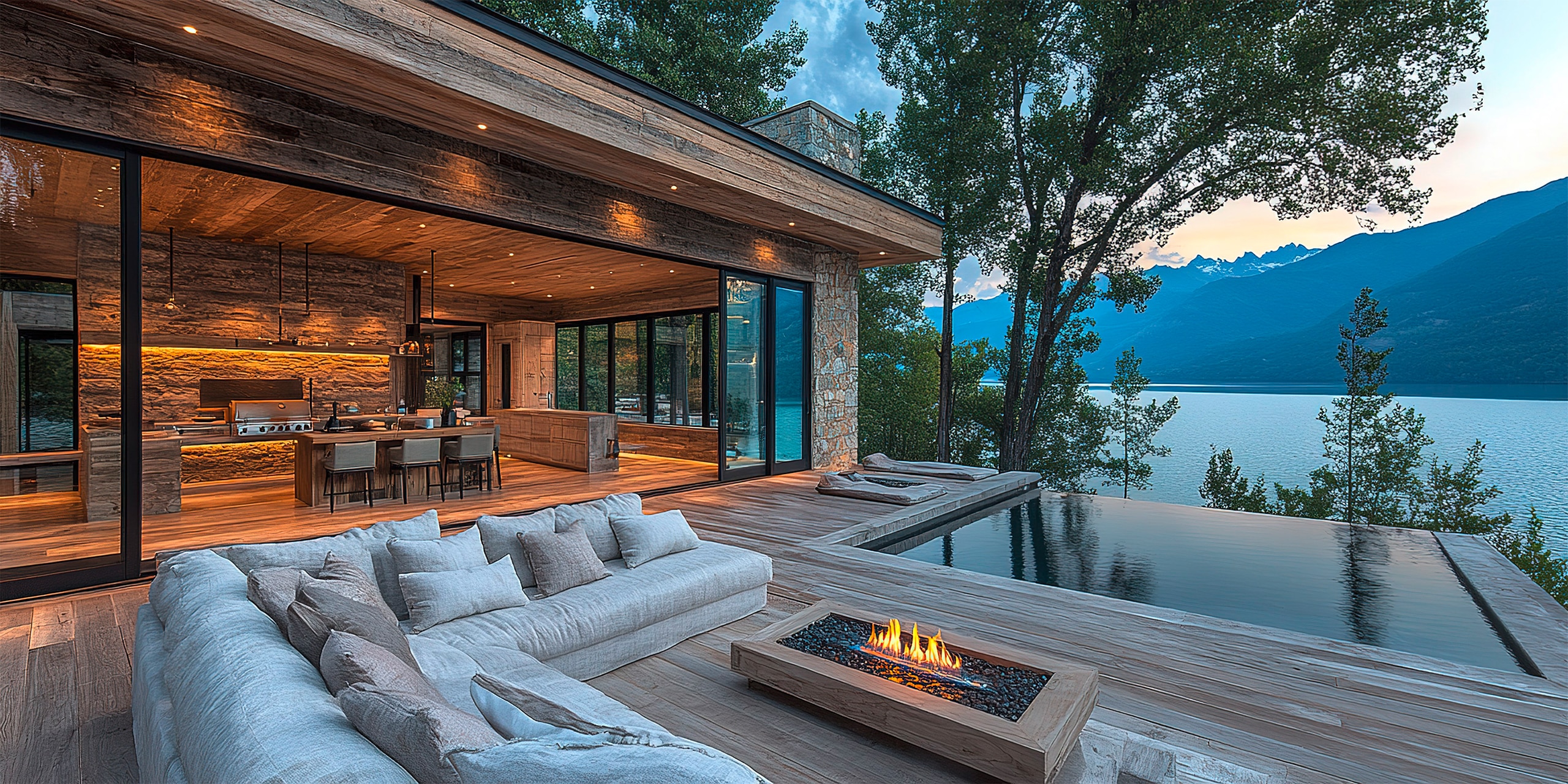 Atemberaubendes, modernes Haus mit Blick auf einen ruhigen See, gemütlichem Sitzbereich im Freien und Infinity-Pool.